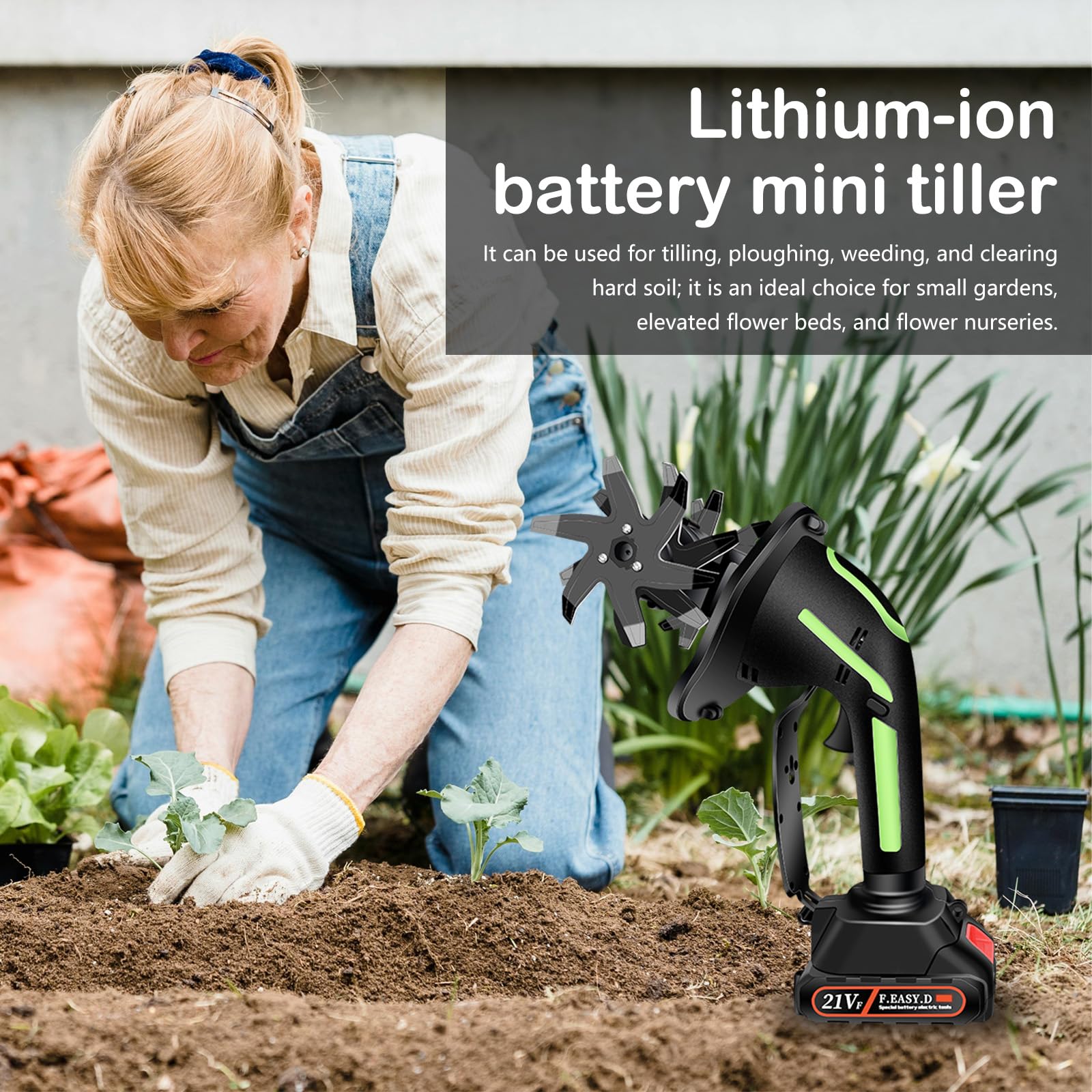 Gartenfräse, 21V Bodenhacke Elektrisch mit 2 Akkus 3000mAh Sternfräse Gartenfräse Akku Garten Geräte mit 4 Metallmesser 10cm Arbeitsbreite 10cm Arbeitstiefe 235 U/min Drehzahl