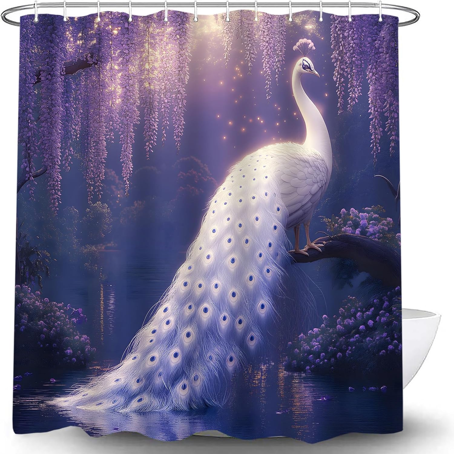 Peacock Shower Curtain Spring Purple Floral Fantasy Forest Beautiful Asian Bird Nature Scenery Flower Plant Elegant Animal Bath Decor Curtain with Hooks, 70x78 Inch