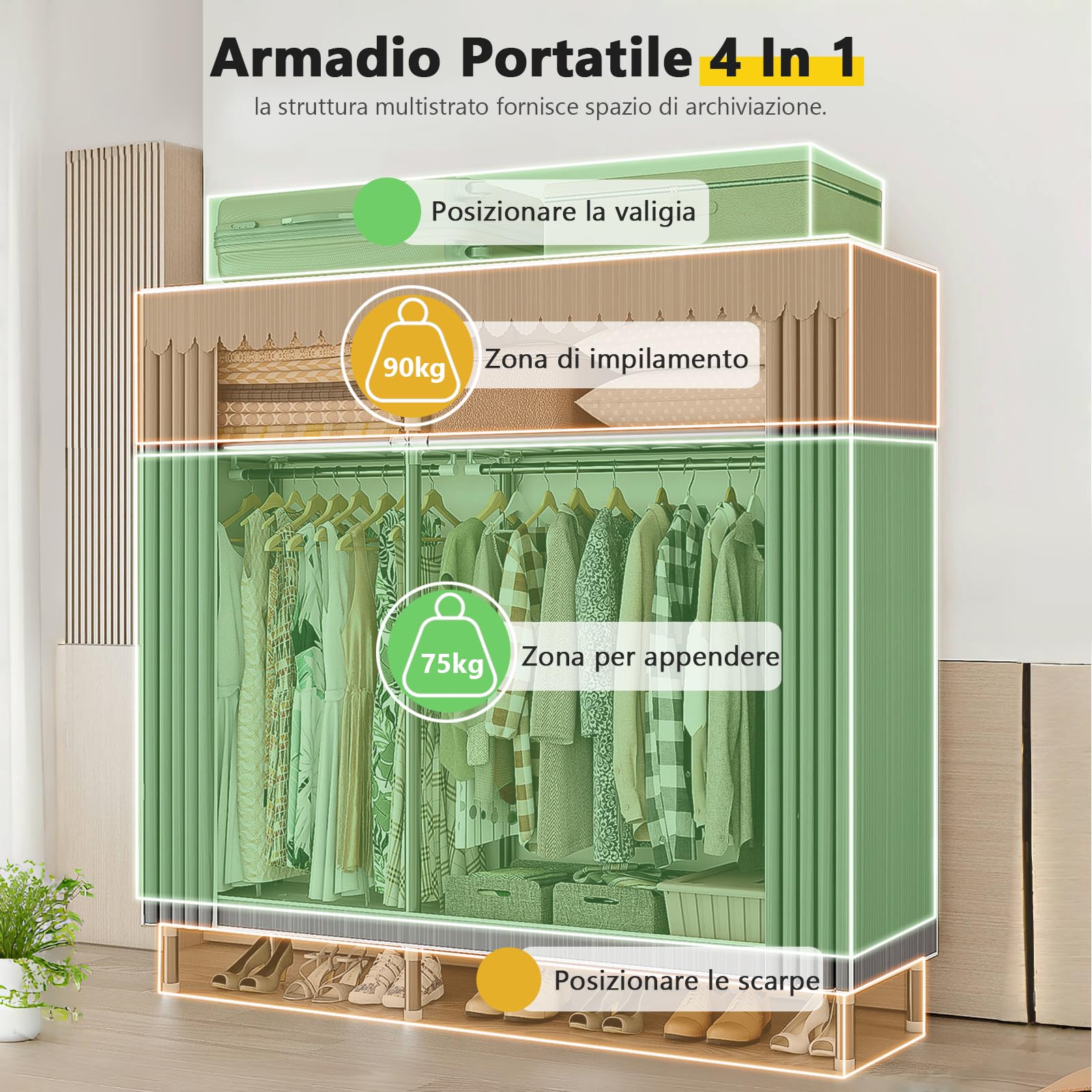 Armadio In Tessuto Richiudibile - Armadio Salvaspazio Veloce Da Montare, Mobile Per Camera Da Letto Con Strisce Grigie, Adatto Come Armadio Da Campeggio, Garage O Per Casa In Affitto