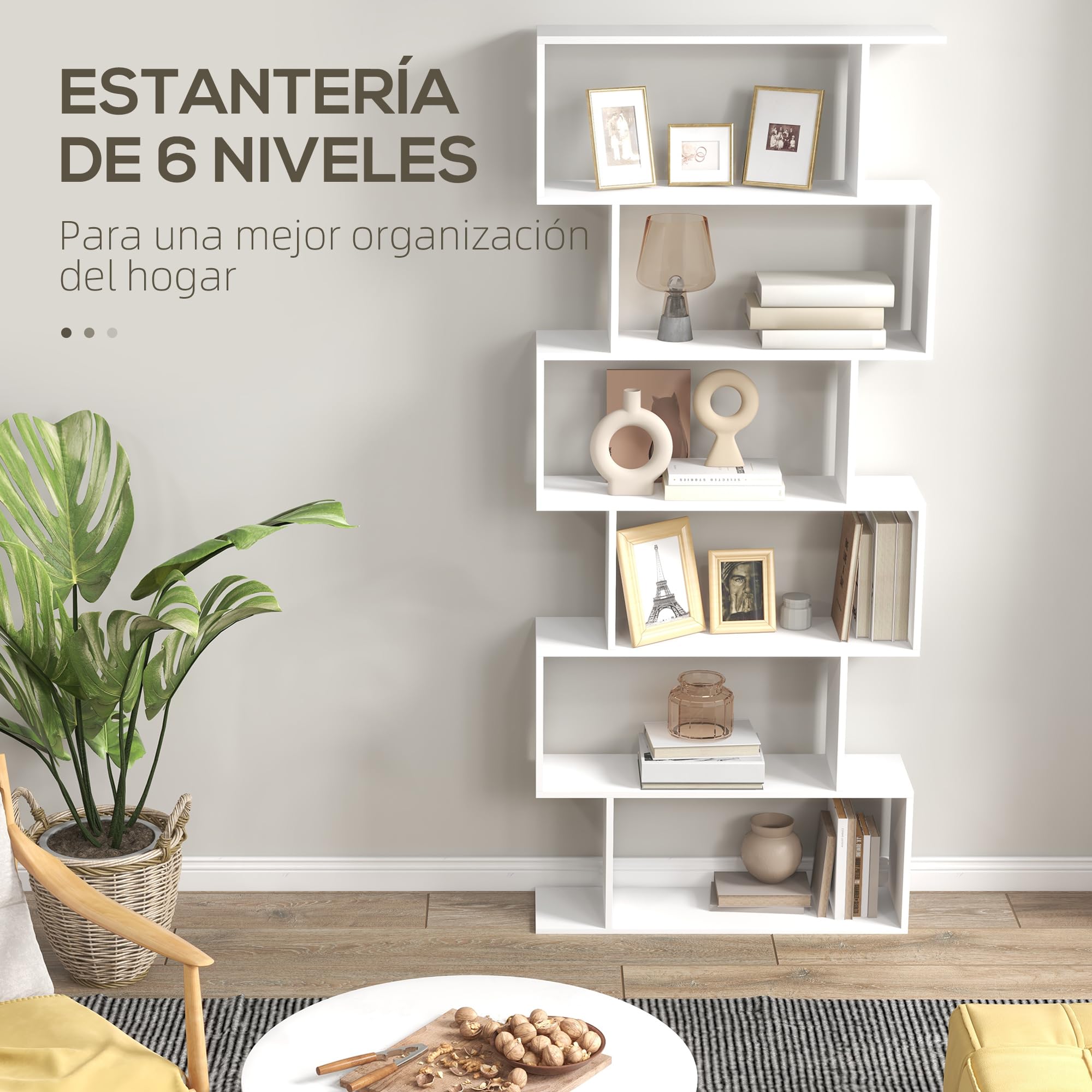 HOMCOM Biblioteca, Librería de 6 Niveles, 80x23x192 cm, Estantería para Libros, Estantería Moderna para Salón, Dormitorio, Estudio, Oficina, Blanco