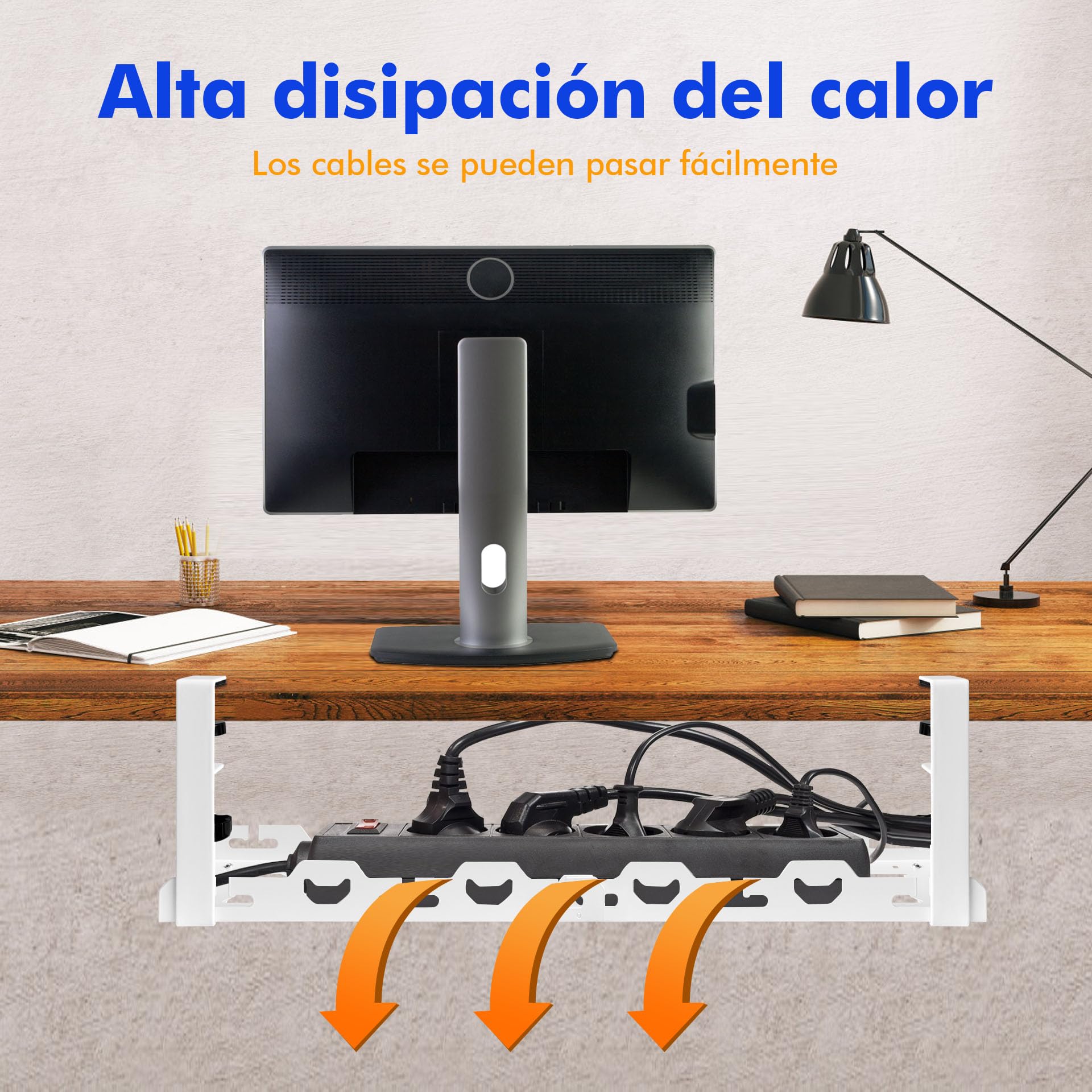 Mimoke Cesta de gestión de Cables Ajustable, sin perforación, Almacenamiento Pesado, Extensible de 40 a 74 cm, Capacidad hasta 15 kg, diseño ventilado, Adecuado para Oficina, Blanco