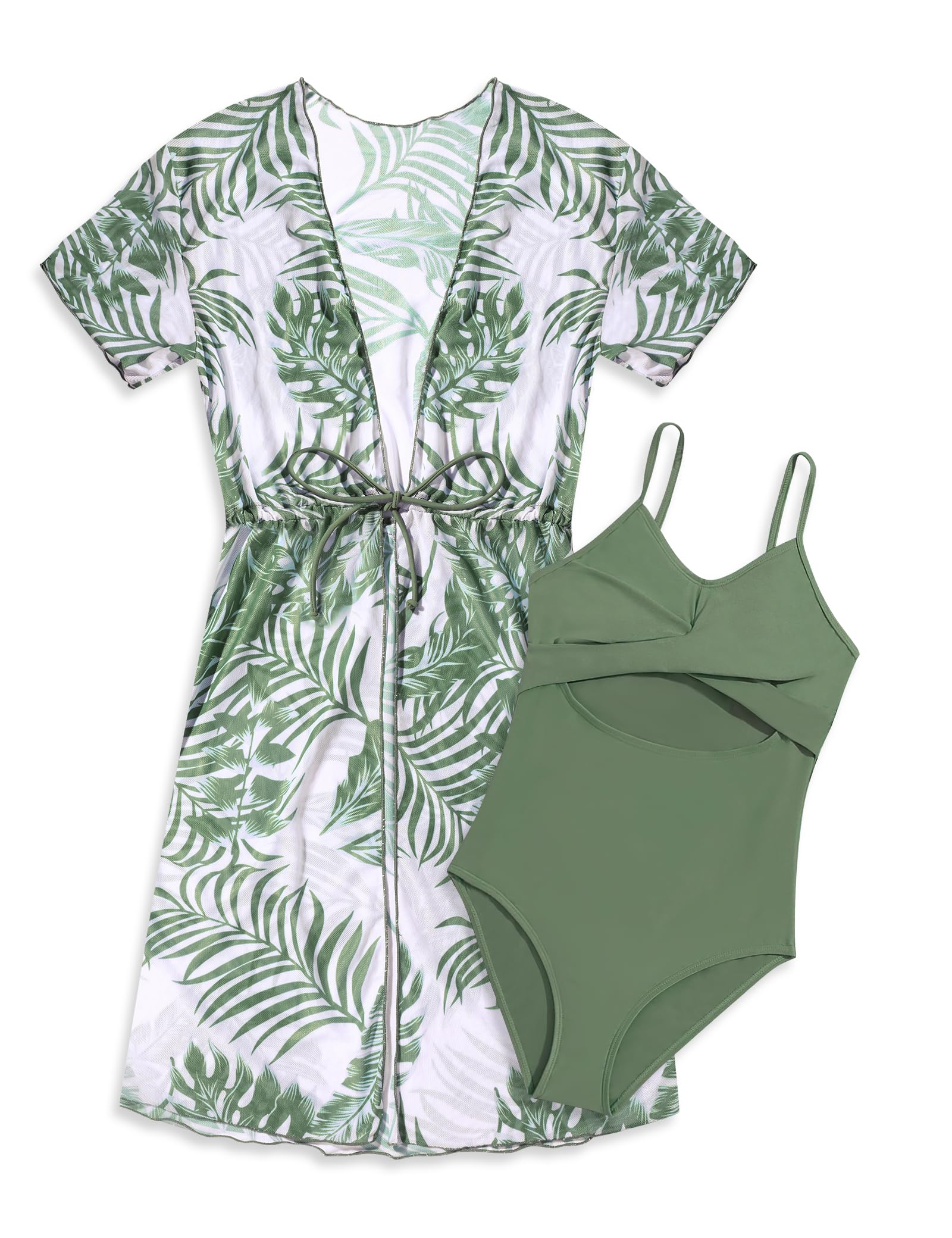 Perdeca Girls One Piece Swimsuits with Bathing Suit Cover Up 2PCS Set Green Kids Bathing Suits Girls Size 14 Swimsuit