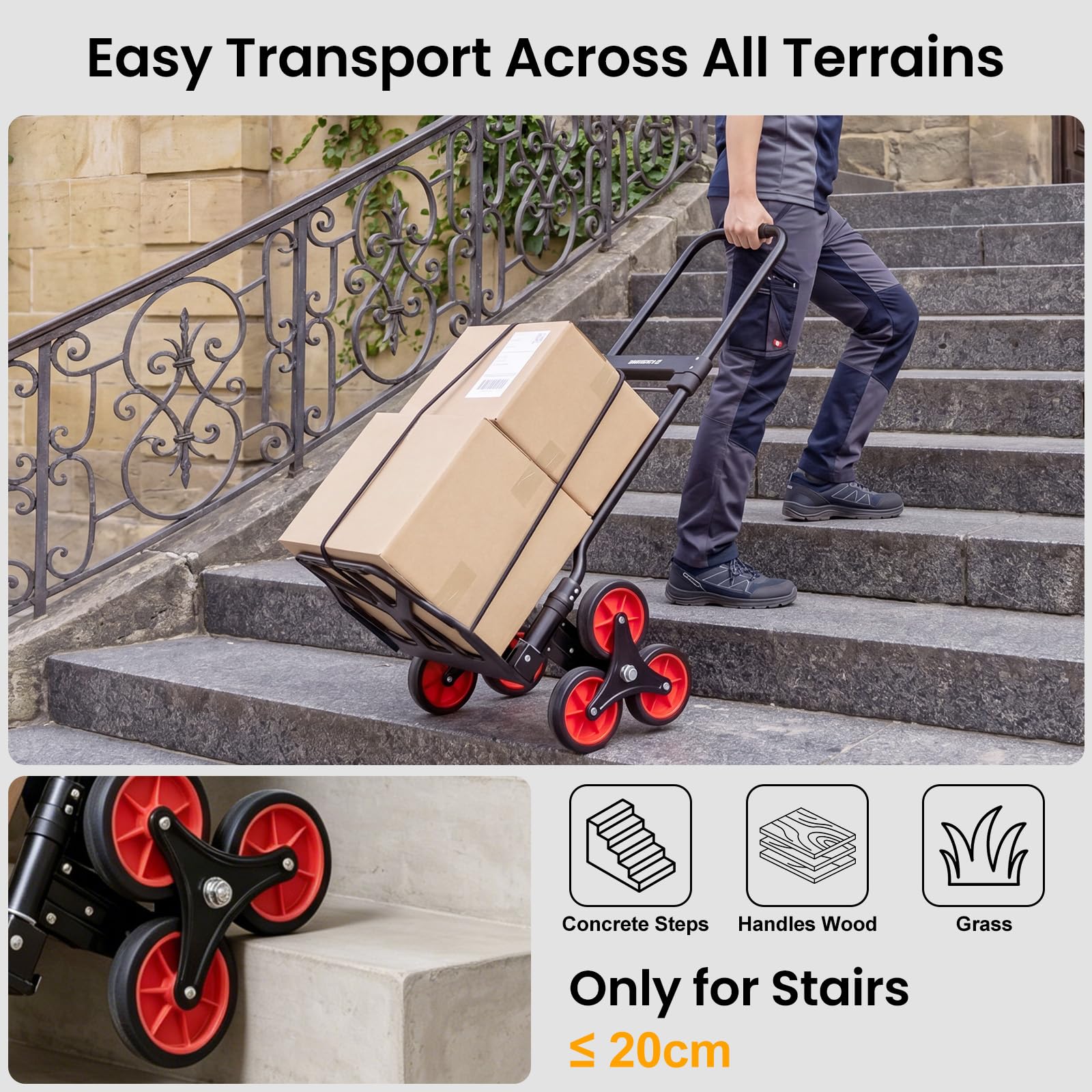 YEAUPE PRO Diable Pliable - Capacité de Charge de 70 kg - Poignée Réglable en Hauteur - avec 2 Cordes d'extension - Transport pour Monter Les escaliers - Noir - 3 Roues