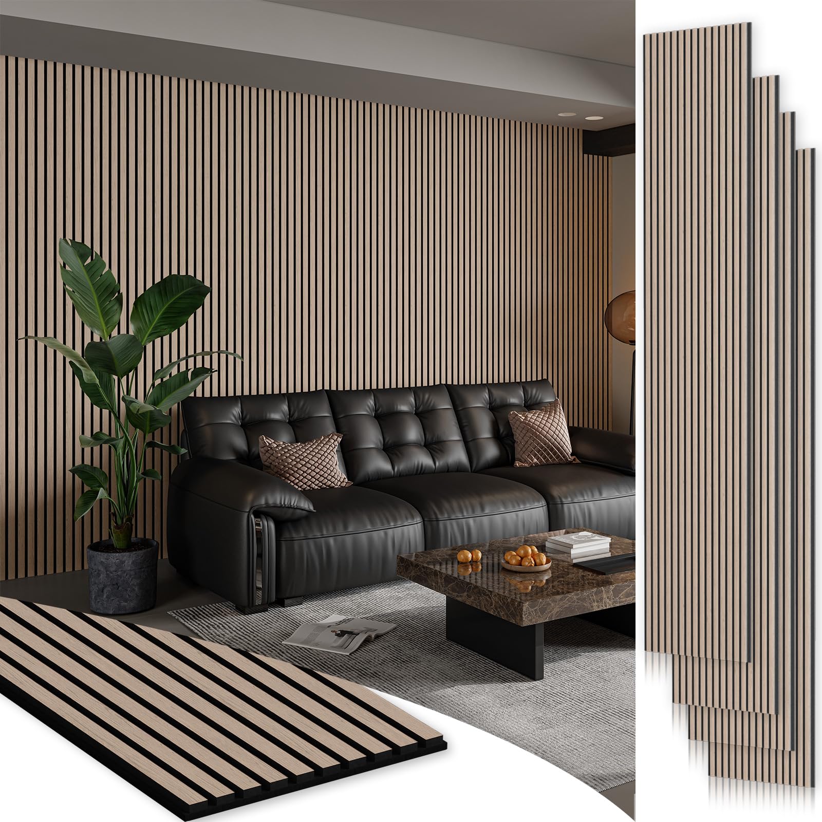 smartstandard 4 pack 106" x 12.6" wood slat wall panels, soundproof wooden wall panels, acoustic wood panels for wall, 3d fluted wood panels for interior wall decor, walnut