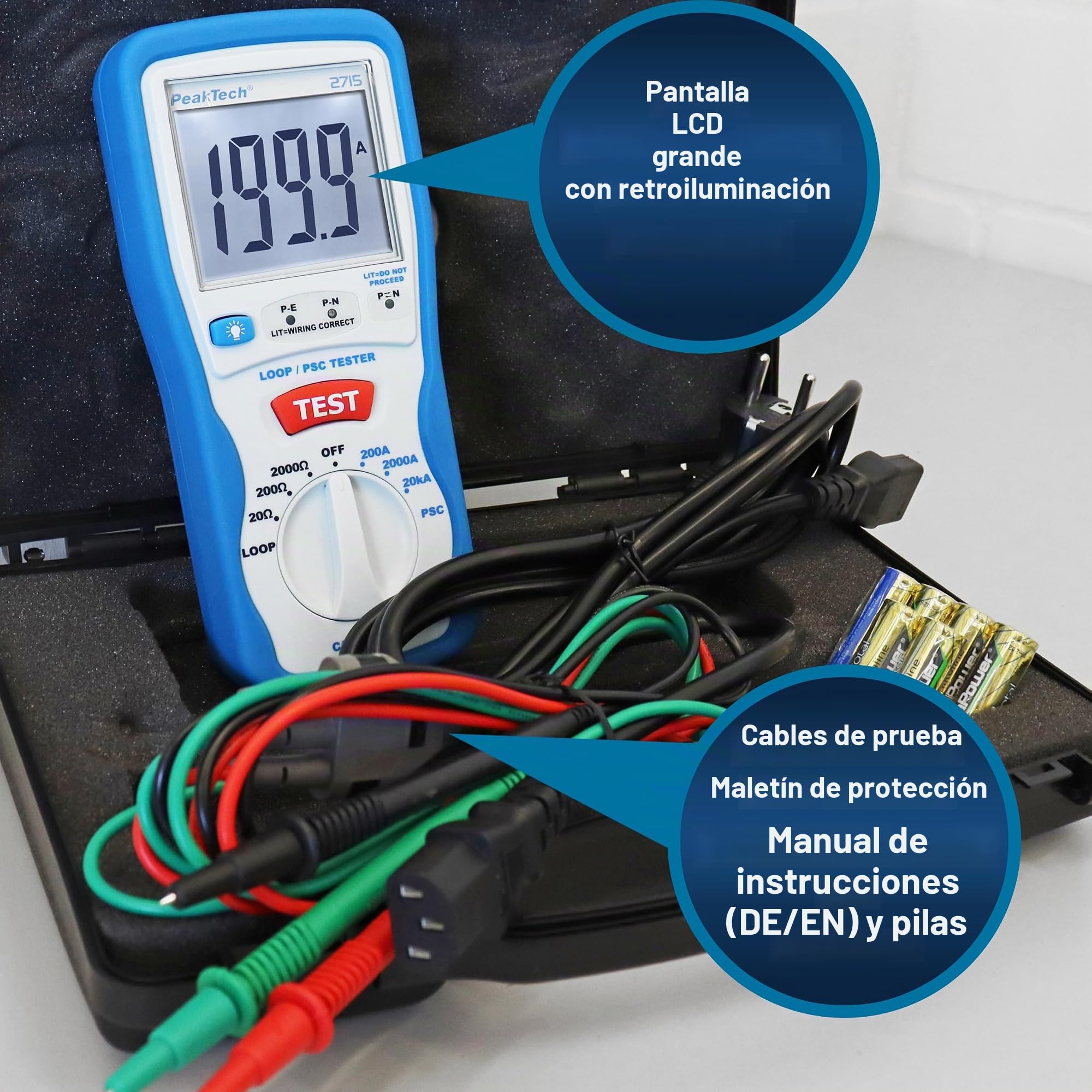 PeakTech 2715 – Probador digital de lazo PSC con pantalla LCD, probador para mediciones de impedancia, amperímetro de cortocircuito, fusible de circuito, carcasa aislada - CAT III 600 V