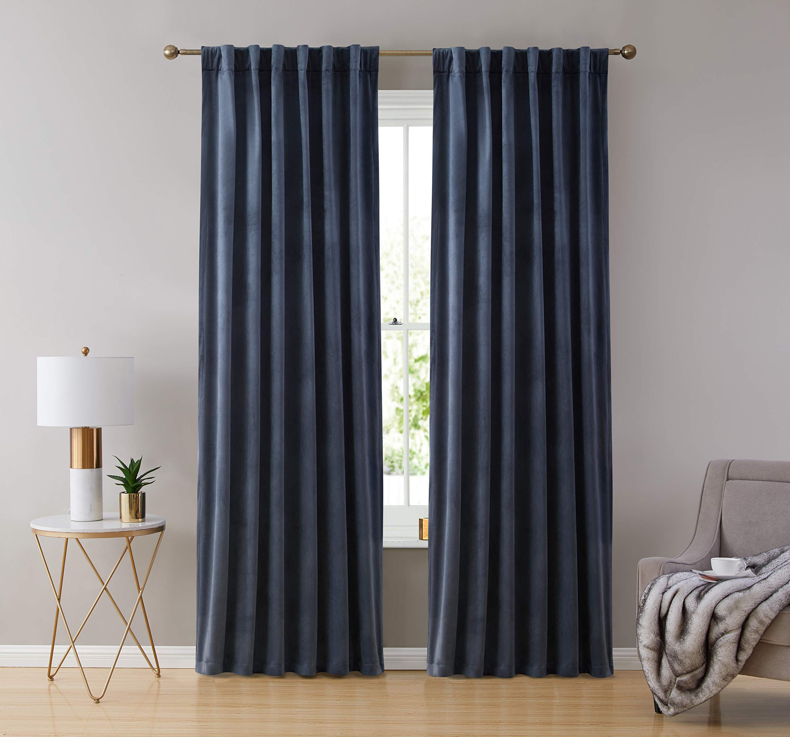 HLC.ME Lopez Velvet Premium Soft Light Filtering Back Tab Rod Pocket Window Treatment Curtain Drapery Panels for Bedroom & Living Room - Set of 2 Panels (54 x 84 inches Long, Navy Blue)