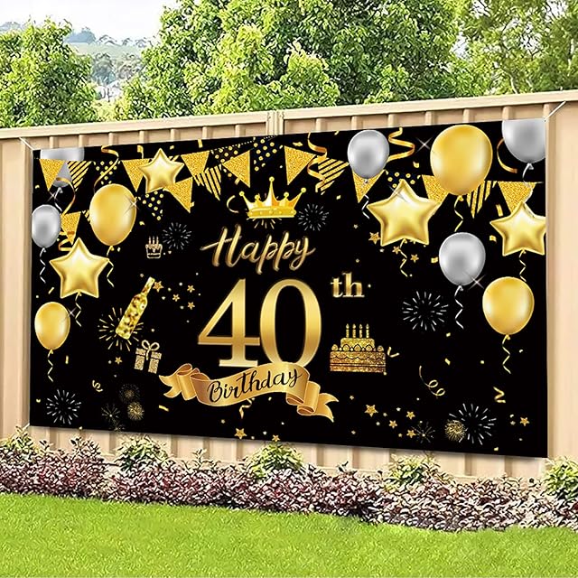 Adisno 40th Birthday Background Banner, Extra Large Fabric Black Gold Sign Poster for 40th Anniversary Photo Booth Backdrop Background Banner, 40th Birthday Party Supplies, 70.86 x 43.3 inch