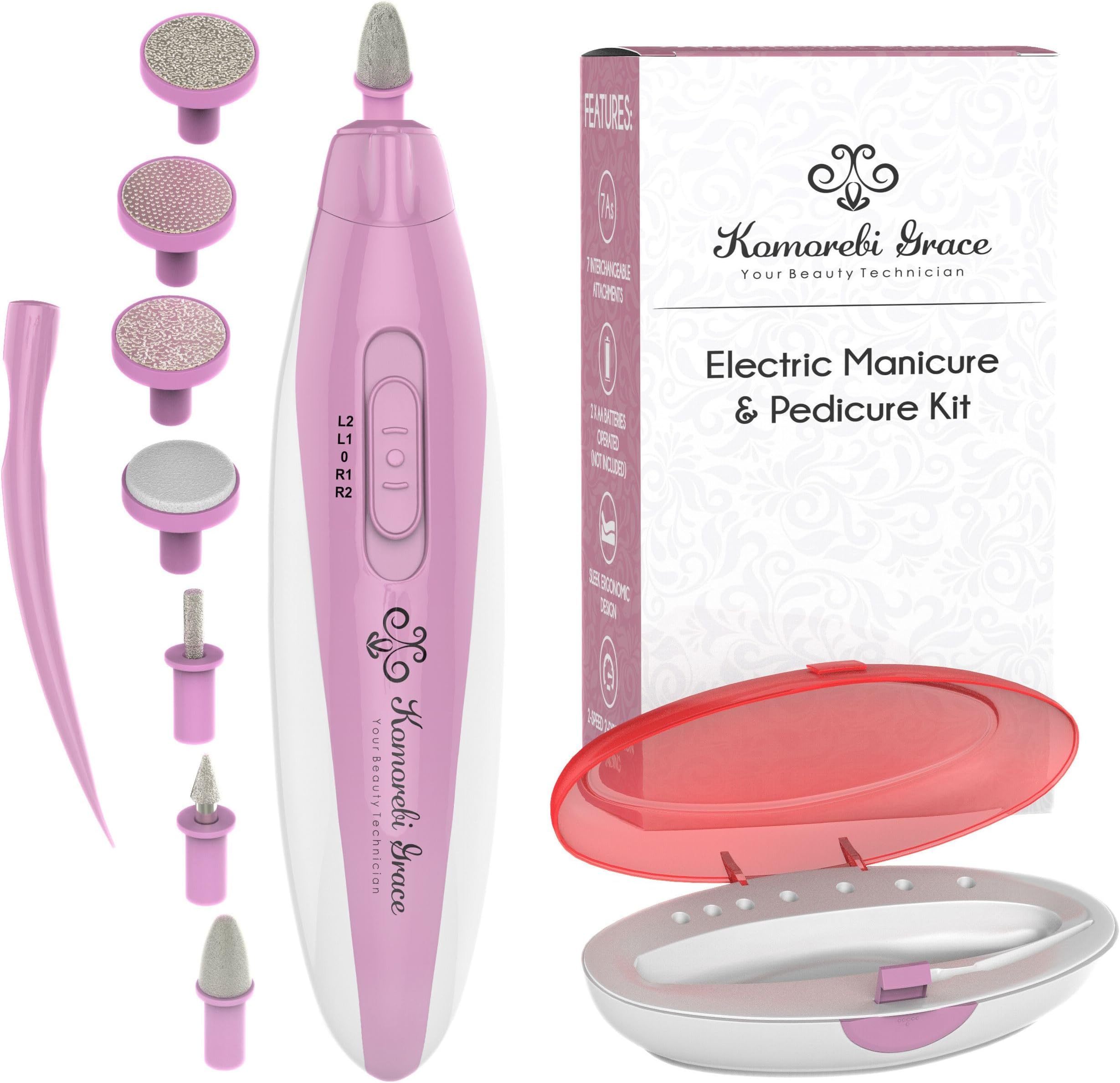 Electric Nail File Manicure & Pedicure Set: 2-Speed Battery Operated Nail File Kit w Portable Nail Drill Grinder, Buffer, Shaper, Polisher and Cuticle Pusher for Natural Finger Nails & Toe Nails Care