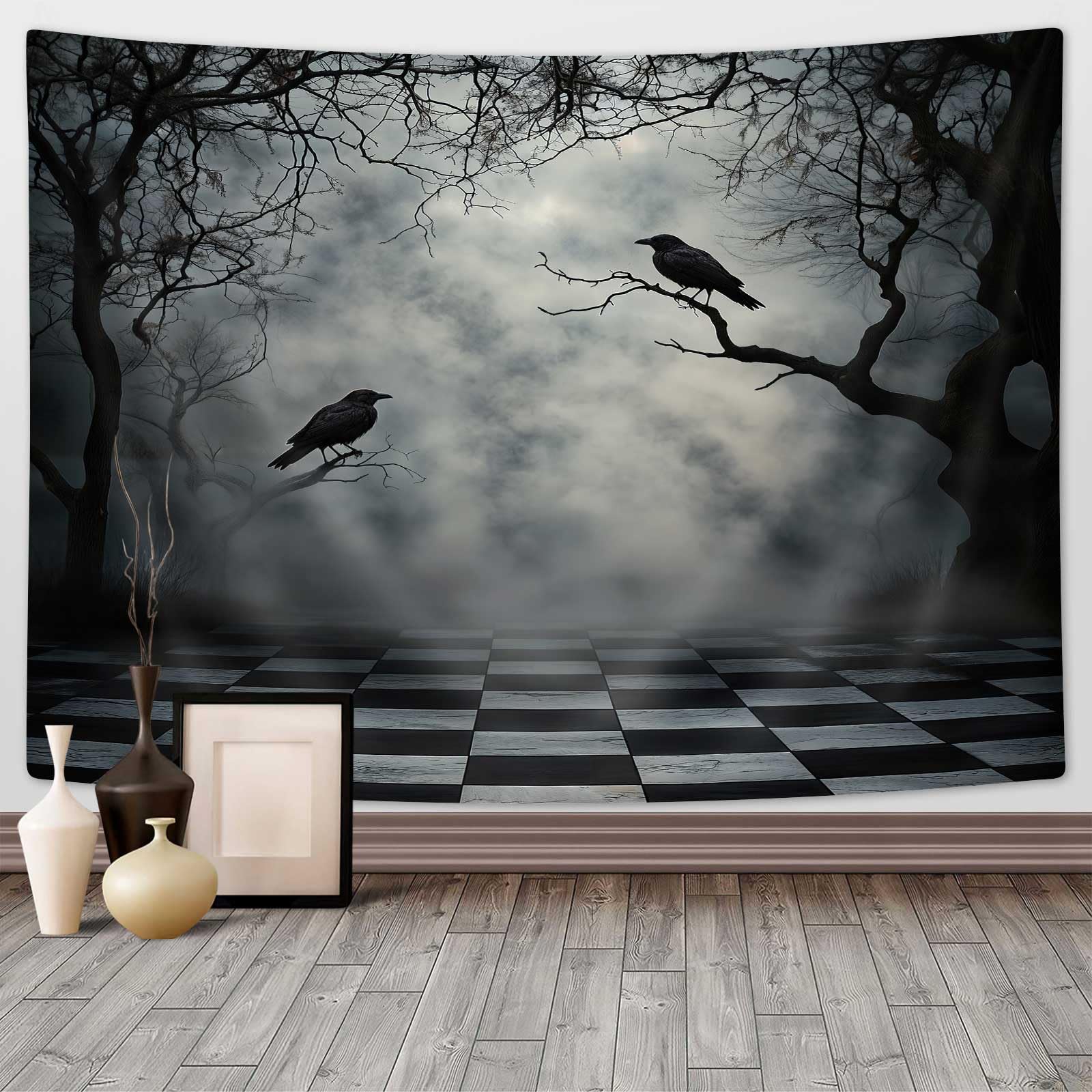 DYNH Gothic Fog Forest Tapestry,Nature Black Crow on Withered Branches Landscape Tapestries,Medieval Creepy Jungle Deep in Dark Wall Hanging for Home