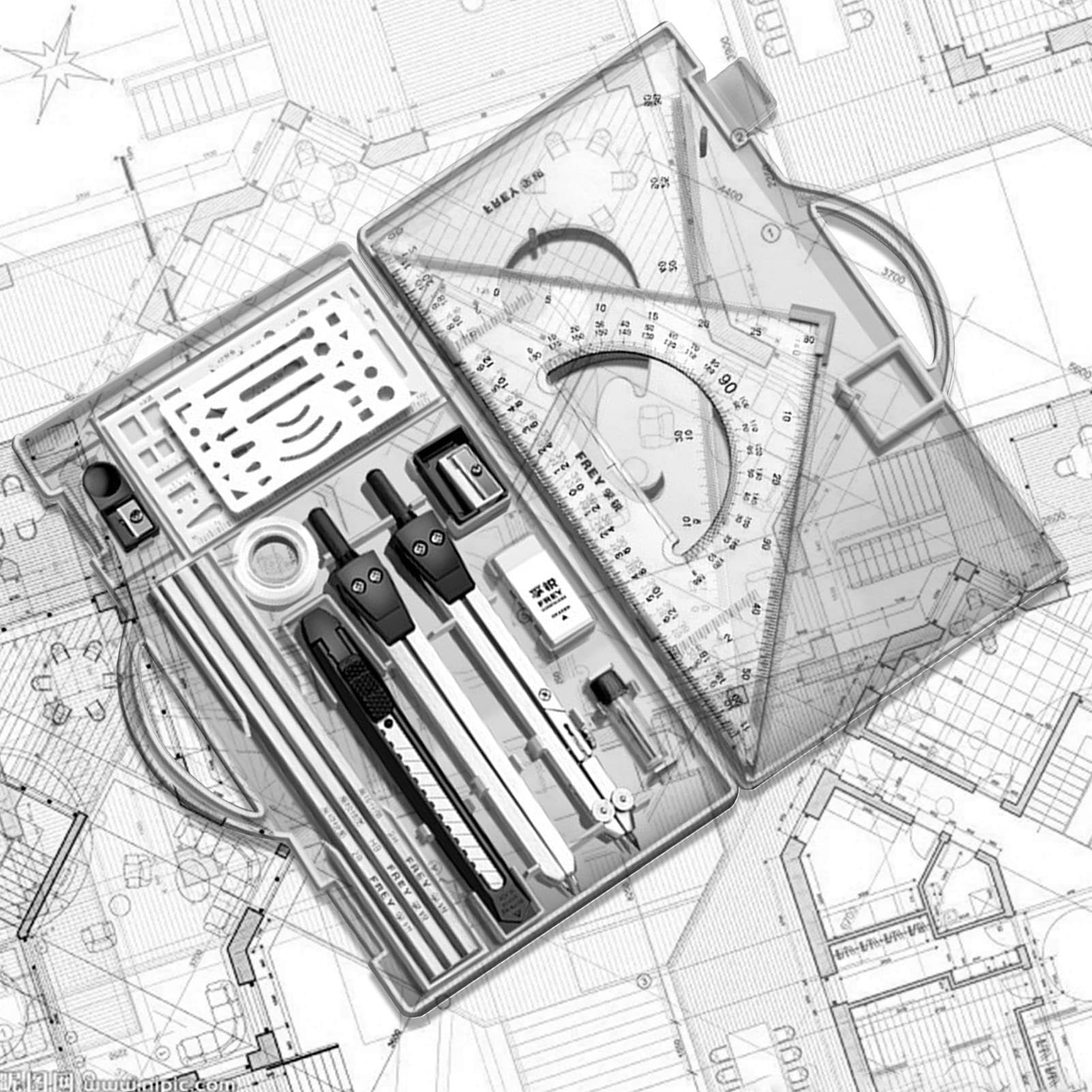 Kit De Dibujo Profesional De 16 Piezas, Con Compás, Transportador, Escuadras Y Reglas, En Estuche, Para Ingenieros Y Artistas