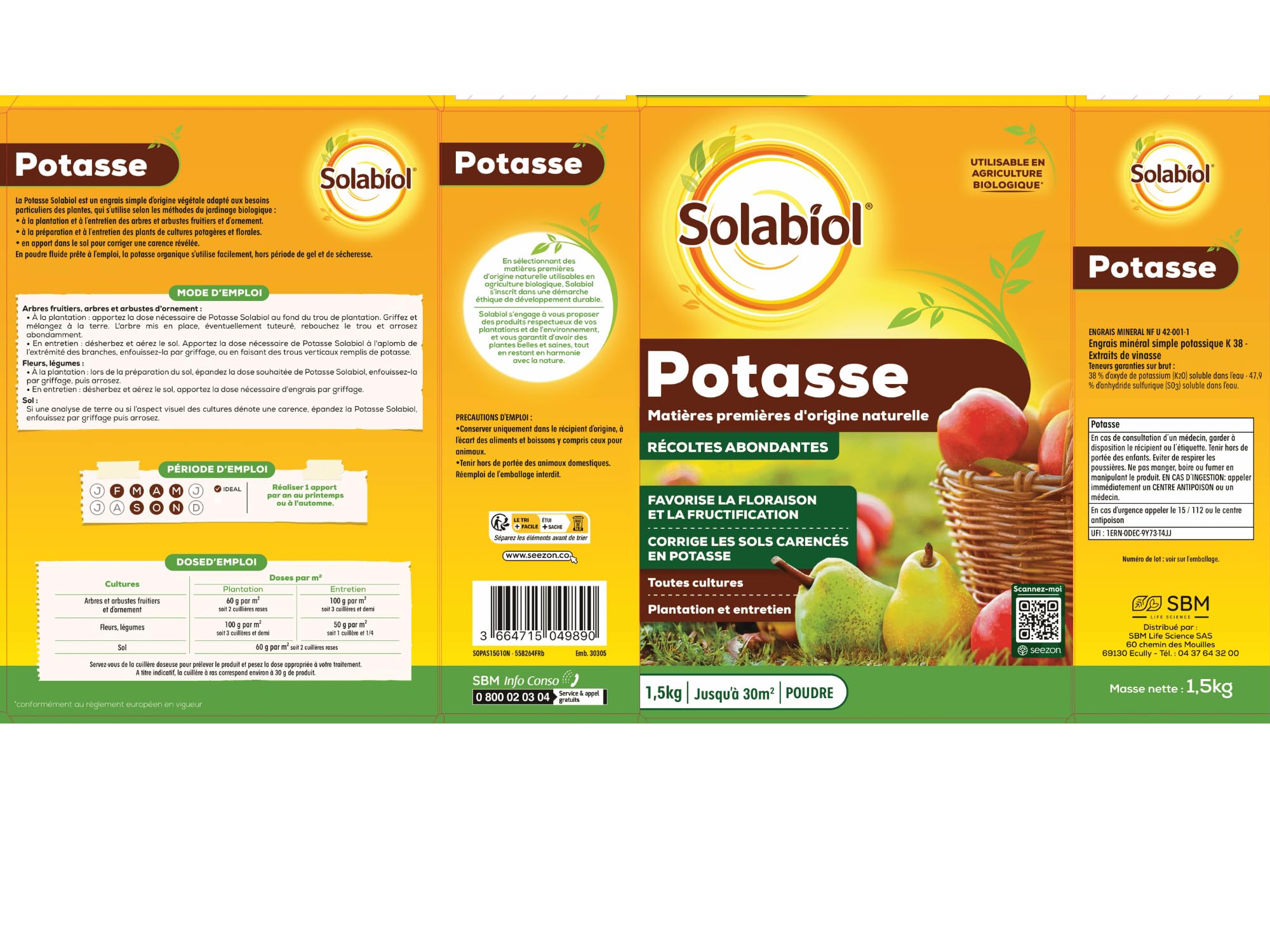 Solabiol Engrais Potasse - 1,5Kg - Jusqu'à 30m² - Améliore La Fructification - Facile A Épandre - pour Toutes Les Cultures - Utilisable en Agriculture Biologique SOPAS15G10N