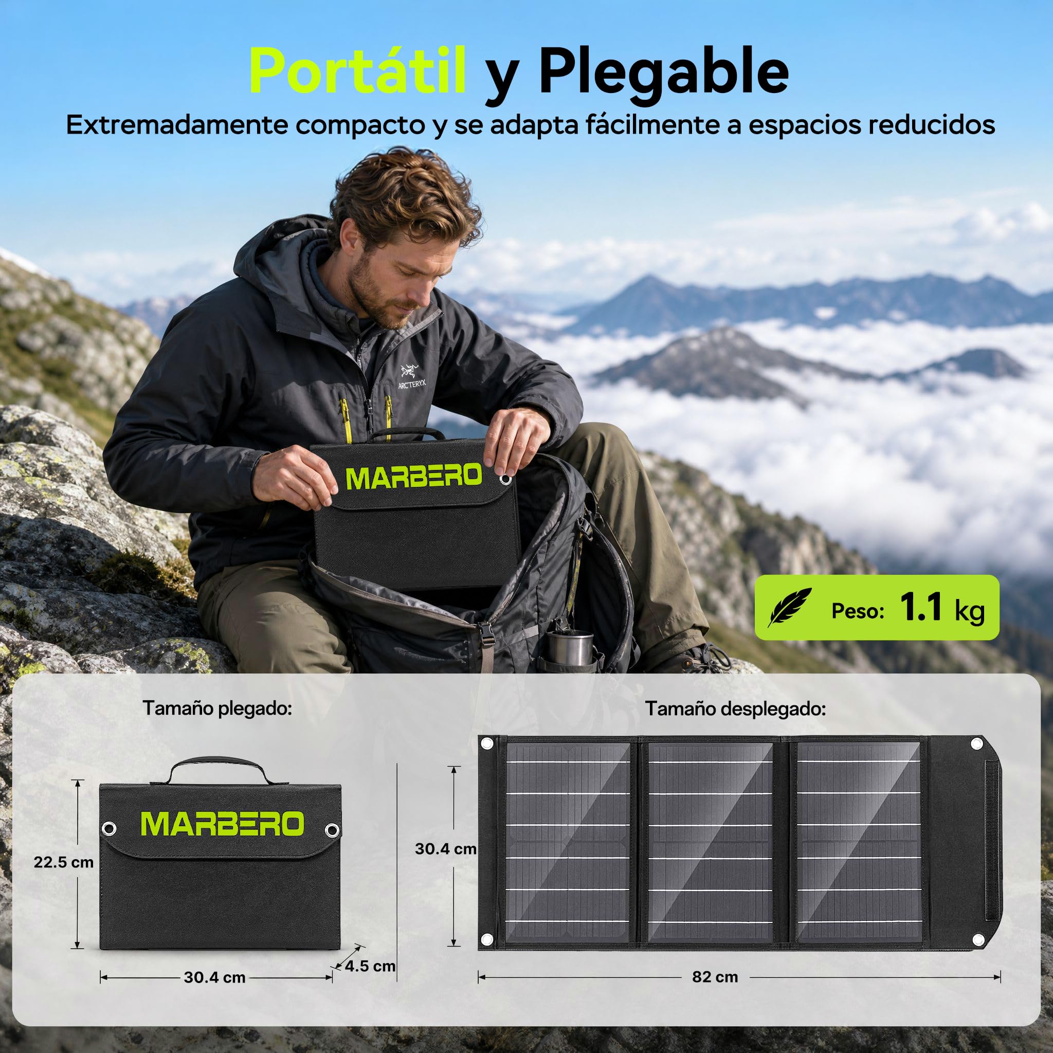 MARBERO Panel Solar Plegable 30W 16.5V, Cargador Solar Compacto y Ligero con Salida QC3.0 USB, Type-C y DC – Ideal para Smartphone, Tablet, Powerbank, Camping, Senderismo y Actividades al Aire Libre
