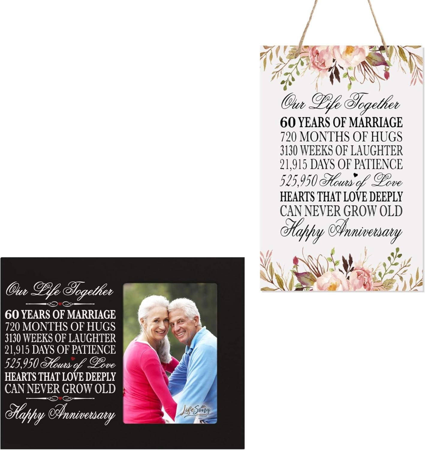 60th Anniversary Picture Frame and Floral Rope Sign Bundle Our Life Together