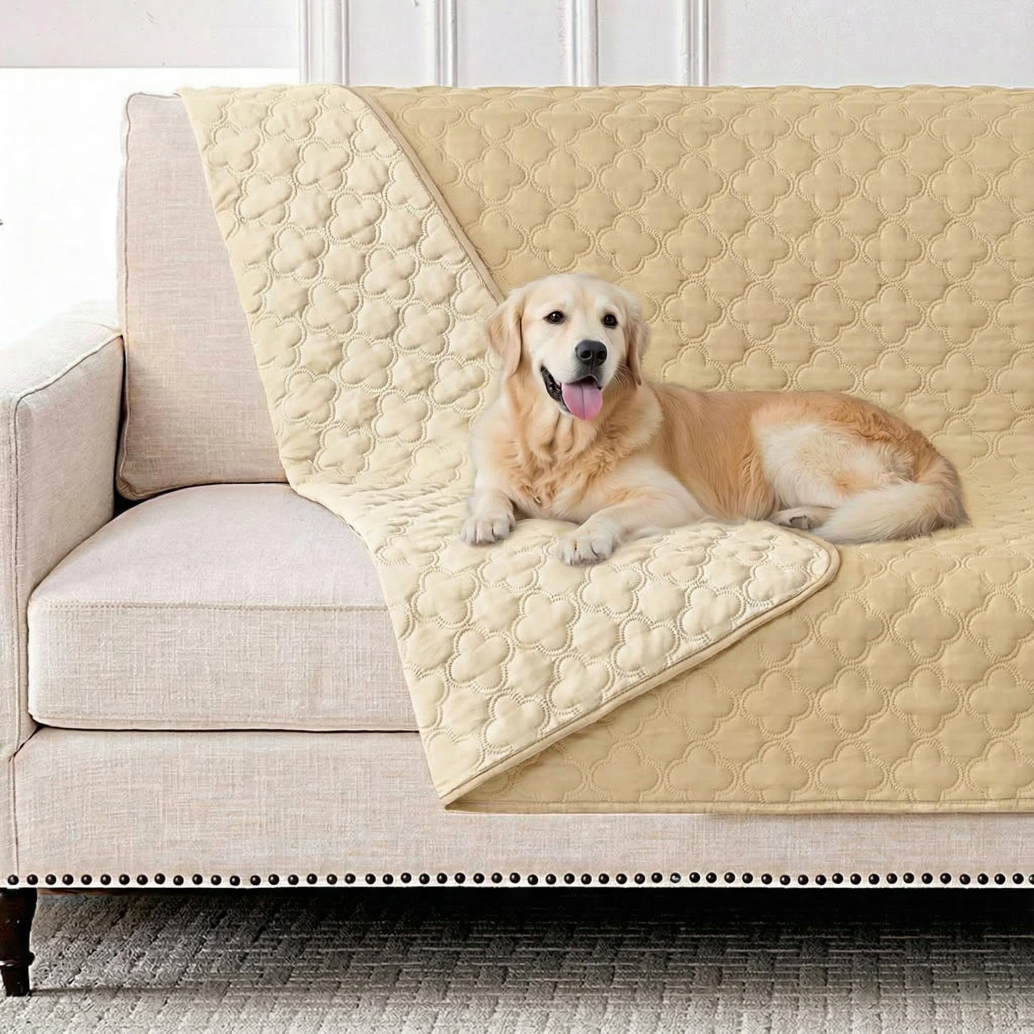 FunFurry Waterproof Dog Blanket, Couch Cover for Dogs Washable, Reversible Dog Bed Cover, Couch Furniture Protector. (Dark＆Light Beige, 52 X 82 Inch - 1 Pack)