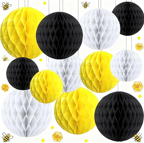 Miniatura 8 de Capesaro Juego de 12 bolas colgantes de panal de abeja en color negro, naranja y blanco, decoraciones de fiesta temática de Halloween, pompones de