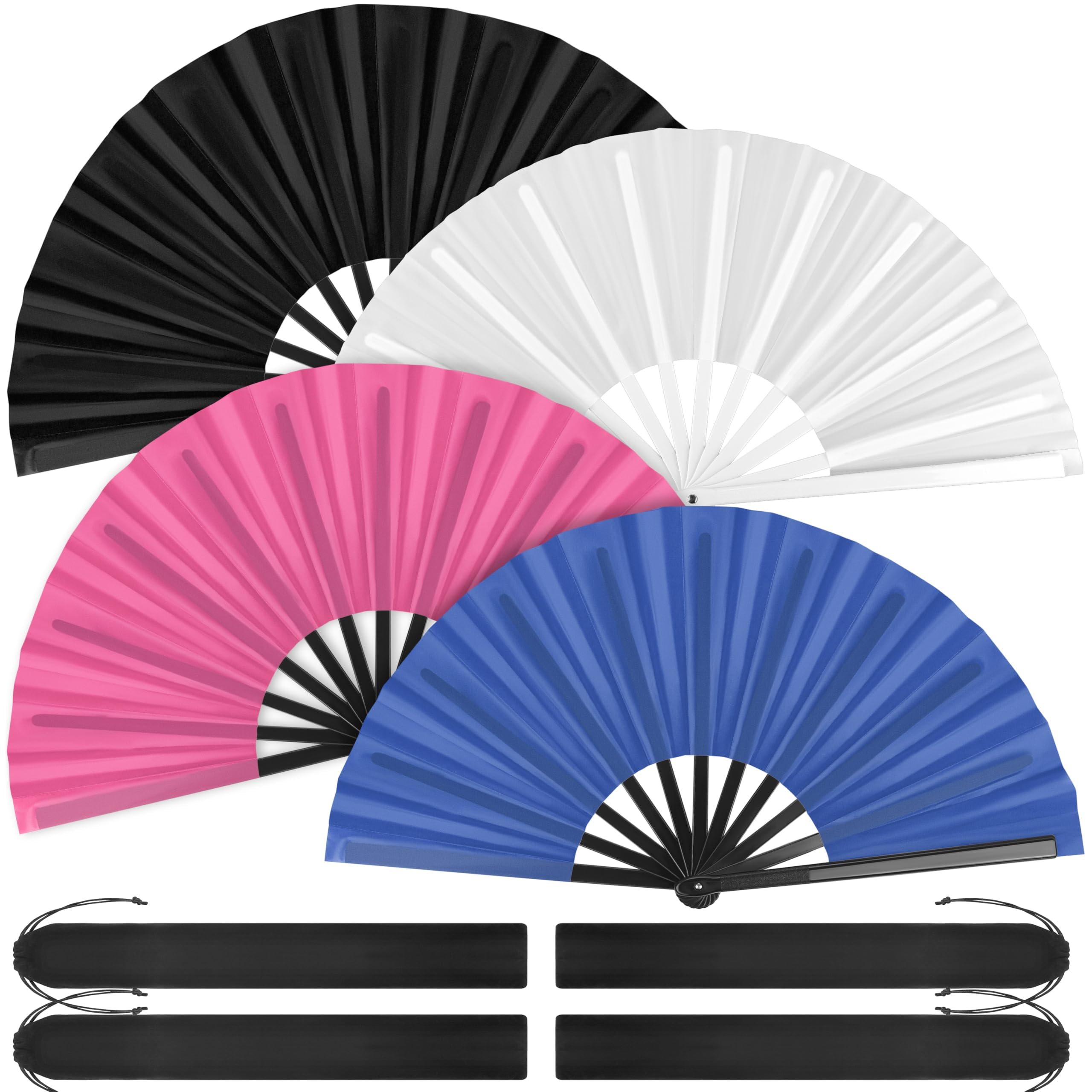 Aodaer 4 Pack Large Silk Folding Fans Handheld Fans Chinese Kung Fu Tai Chi Fans Decorative Fans for Men and Women, Pink, Black, White, Blue