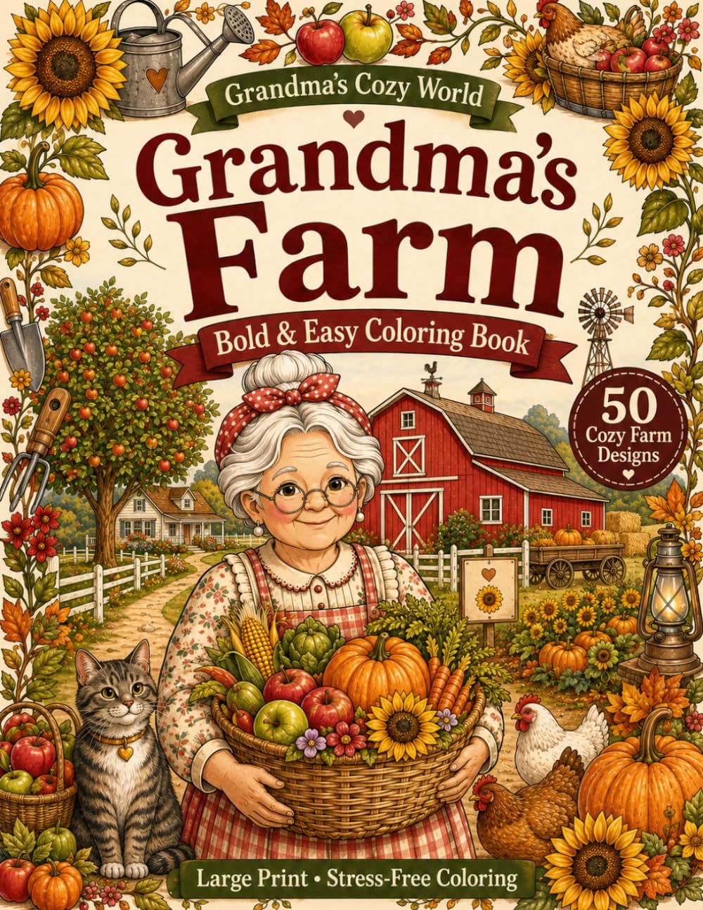 Grandma's Farm: Bold & Easy Coloring Book | 50 Cozy Farm Scenes for Adults & Seniors (Grandma's Cozy World)