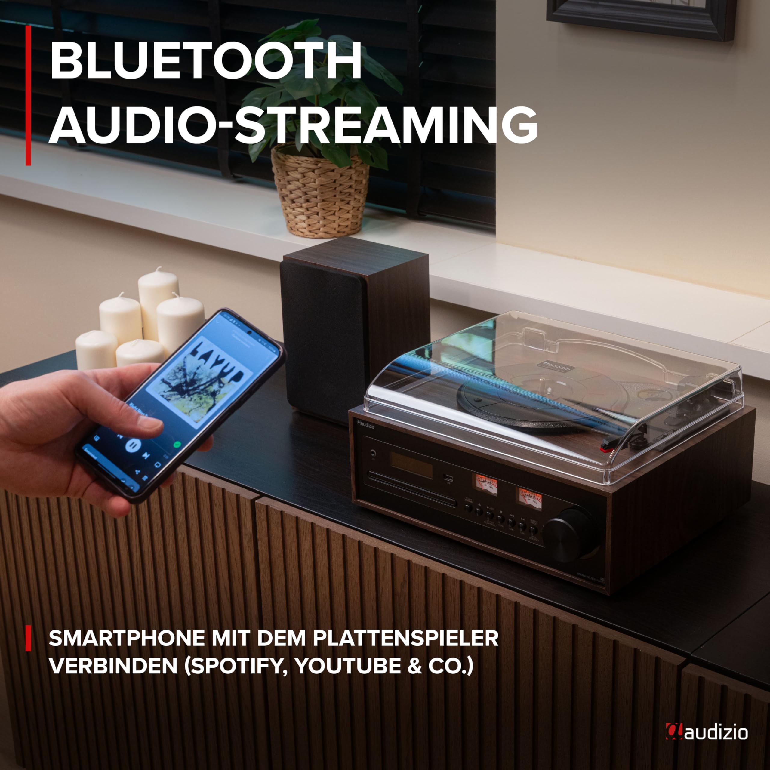 Audizio Boston - Plattenspieler mit Lautsprecher, CD-Player, DAB+ Radio, Schallplattenspieler Bluetooth & USB - Stilvolle HiFi-Anlage für Vinyl, Musik-Streaming & Radio - Riemenantrieb & Retro Design
