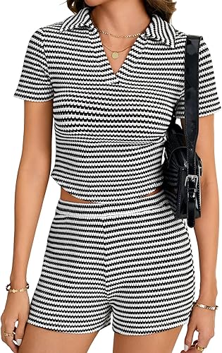 LYANER Women's Striped 2 Piece Outfits Short Sleeve Top and High Waist Shorts Se