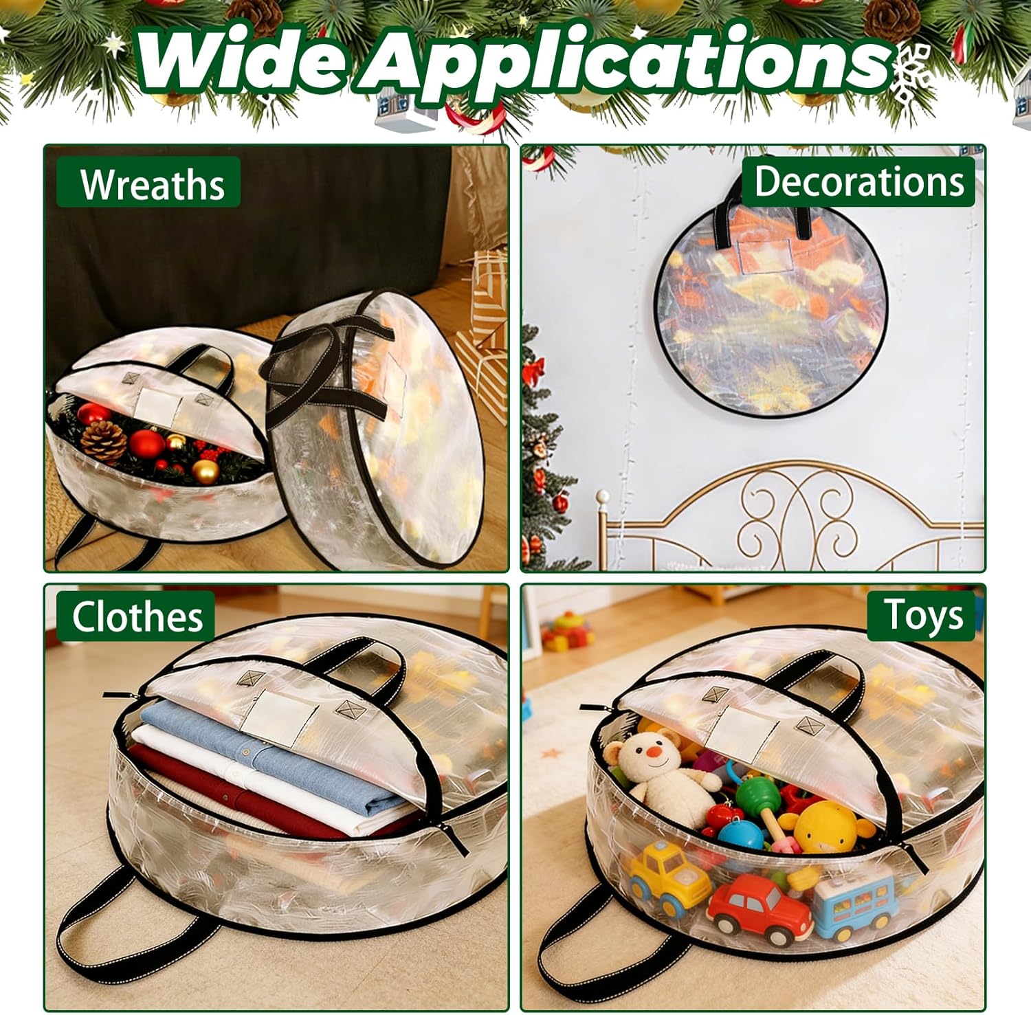 YAYODS 6 Pack Wreath Storage Container Bag 24 Inch Christmas Wreath Storage Bag Heavy Duty Christmas Wreath Boxes with Clear Window for Xmas Holiday Seasonal Wreath Garland (Black)