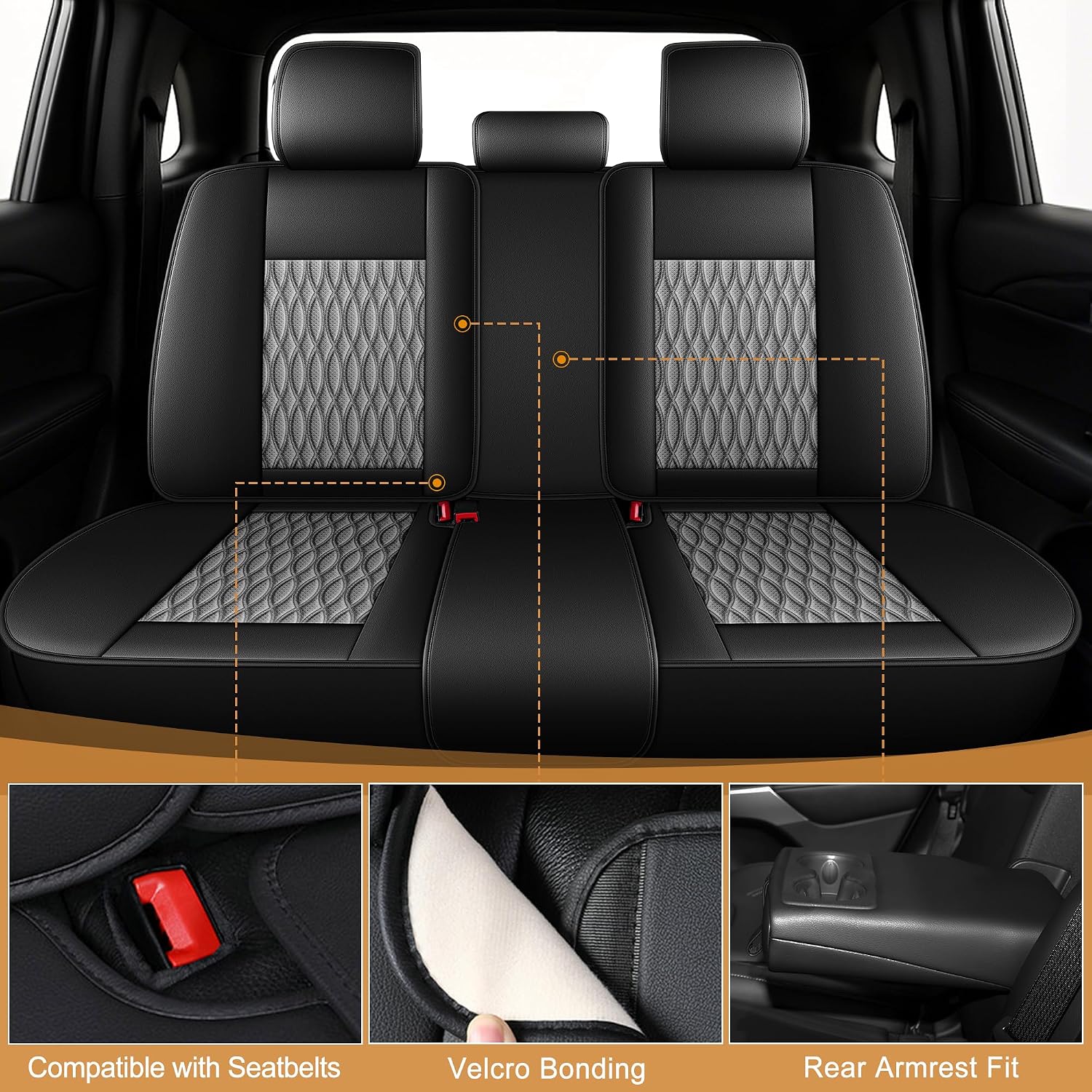 IKABEVEM Seat Covers Fit for Volkswagen Atlas 2018-2025 2026 Full Set Car Seat Cover Faux Leather Seat Cushion Waterproof Auto Protectors(Black&Gray)-2 Rows 5 Seats