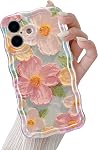 QLTYPRI Cas pour iPhone 14, Laser Colorful Rétro peinture à l'huile motif de fleur Cute Curly Wave Frame Exquise étui de téléphone pour les filles femmes, Shockproof TPU Couverture téléphonique de protection pour iPhone 14 - rose