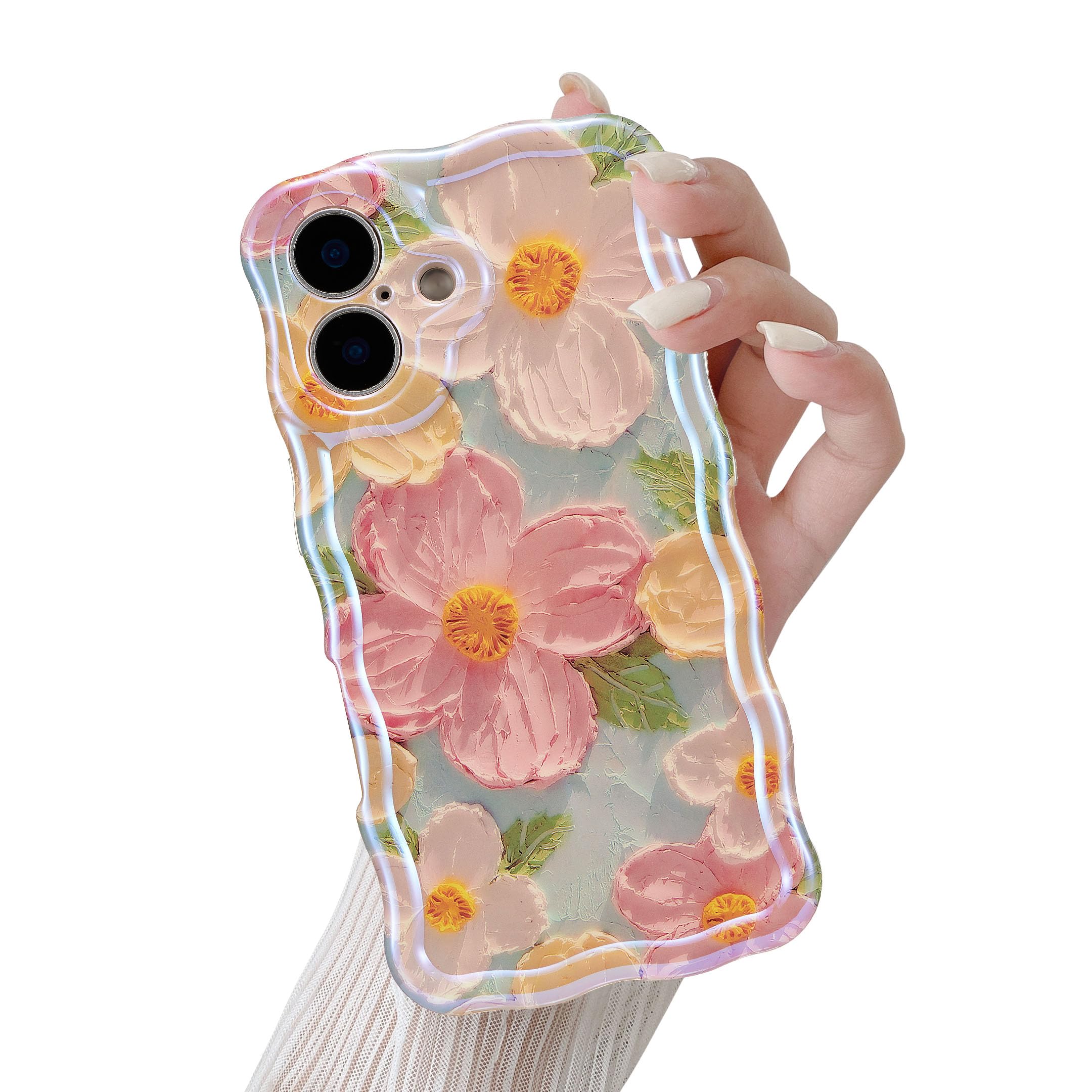 QLTYPRI Case for iPhone 17, Laser Colorful Retro Oil Painting Flower Pattern Cute Curly Wave Frame Exquisite Phone Case for Girls Women, Shockproof TPU Protective Phone Cover for iPhone 17 - Green