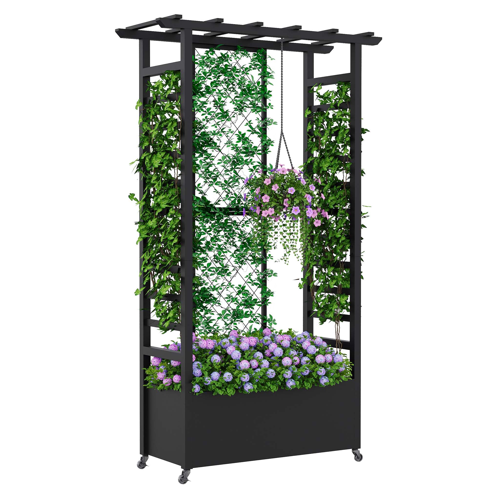 Aiuola rialzata con traliccio e tetto sospeso, fioriera in metallo indipendente con ruote, fioriera rialzata mobile per interni ed esterni per viti, piante rampicanti, fiori, per giardino, patio
