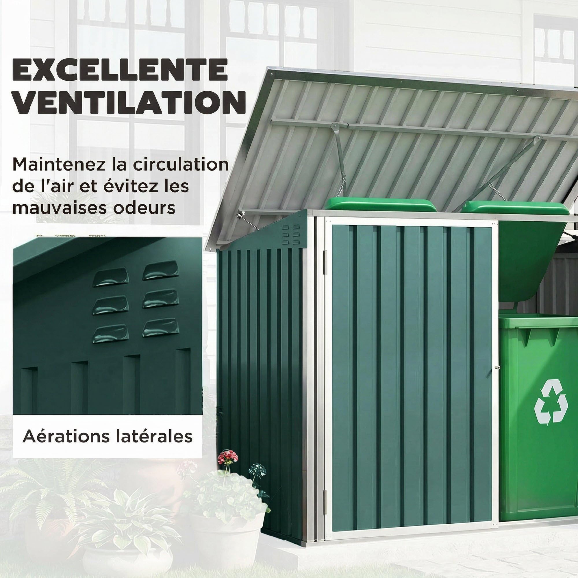 Outsunny Cache Poubelle Double Acier Galvanisé pour 2 Poubelles de 240L - Abri de Jardin avec Couvercle Lié par Chaînes, Vérins à Gaz et Portes Verrouillables - Coffre de Jardin 179,5x108x129,5cm Vert