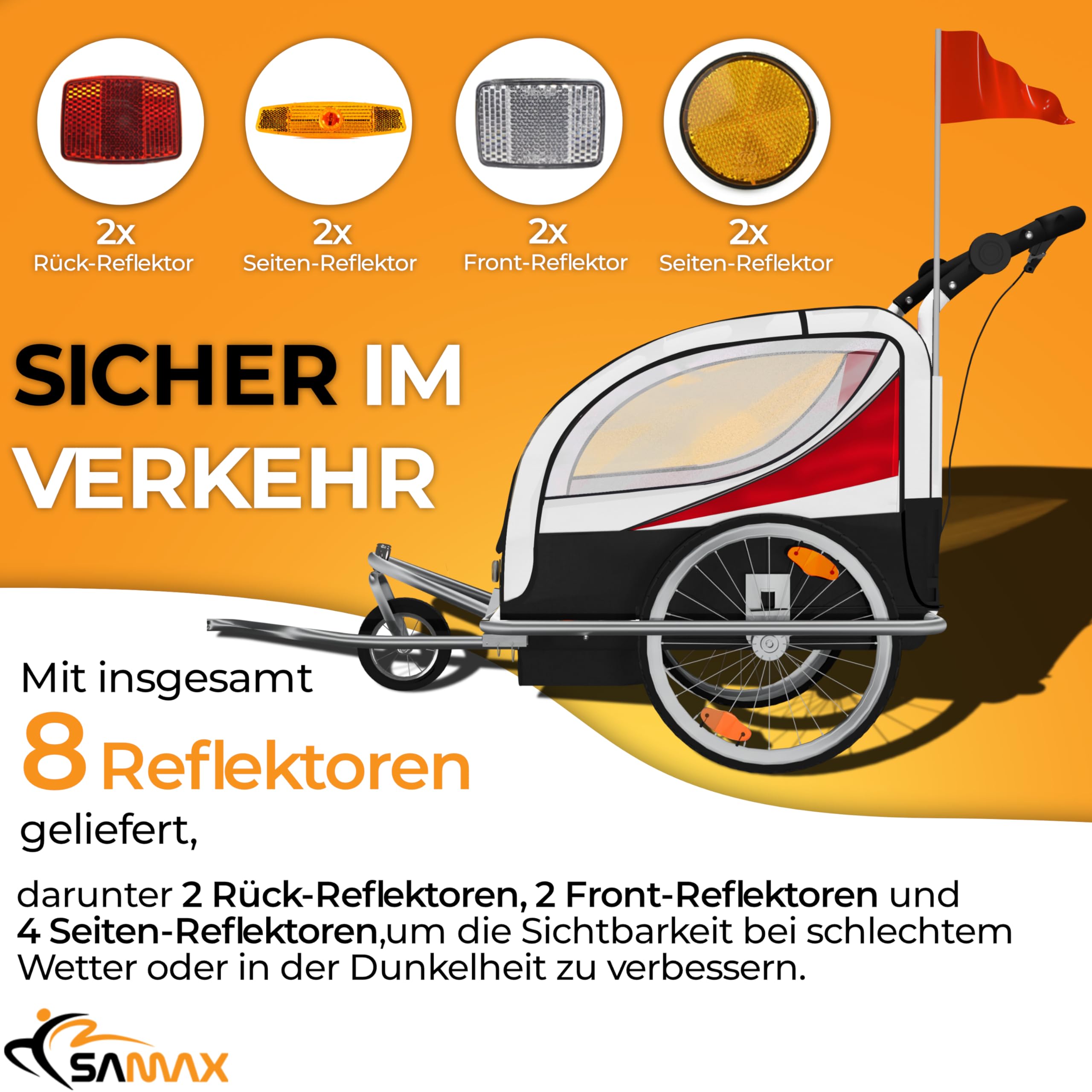 SAMAX Fahrradanhänger Jogger 2in1 360° drehbar Kinderanhänger Kinderfahrradanhänger Transportwagen vollgefederte Hinterachse für 2 Kinder in Rot - Silver Frame