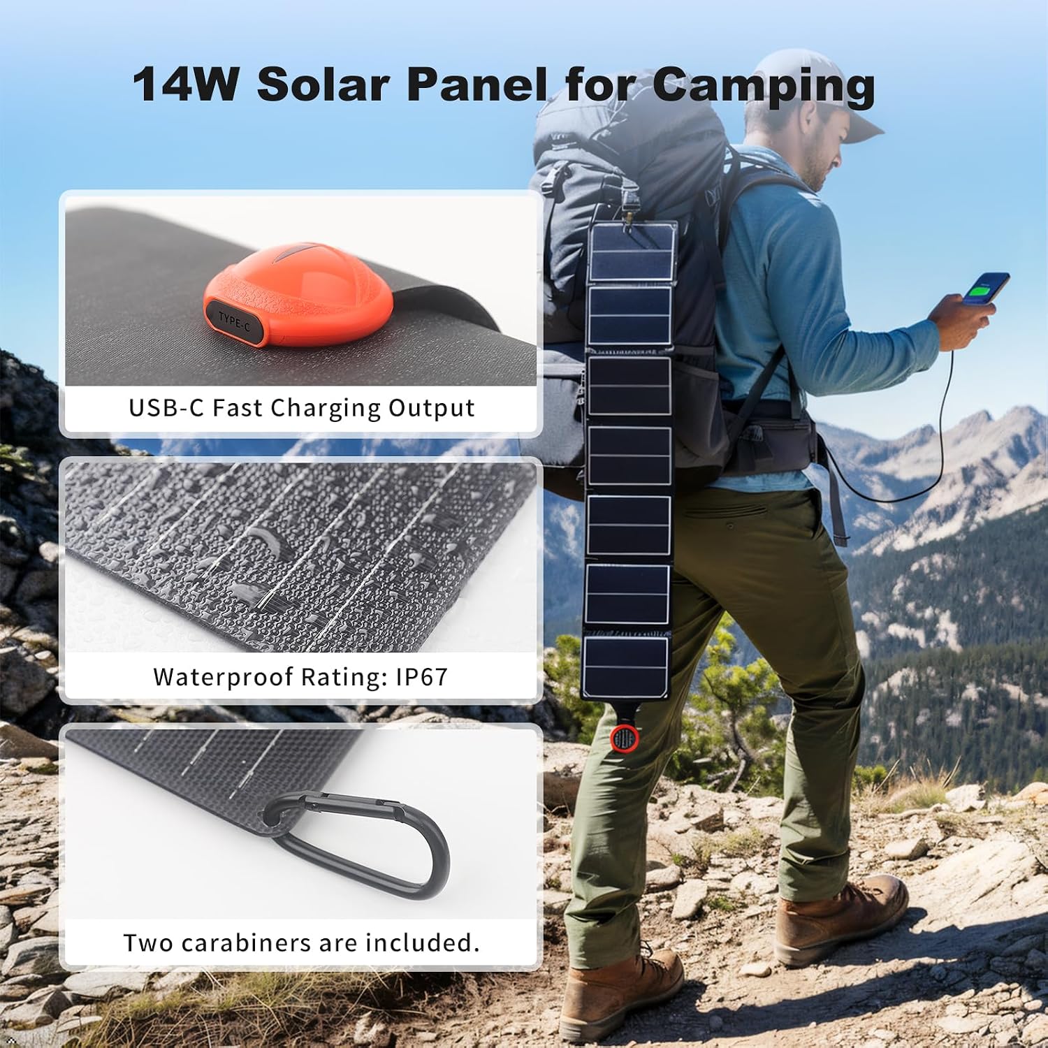 EYONGPV 14W Foldable Solar Panel, Croc-Eye USB-C Portable Charger image 5