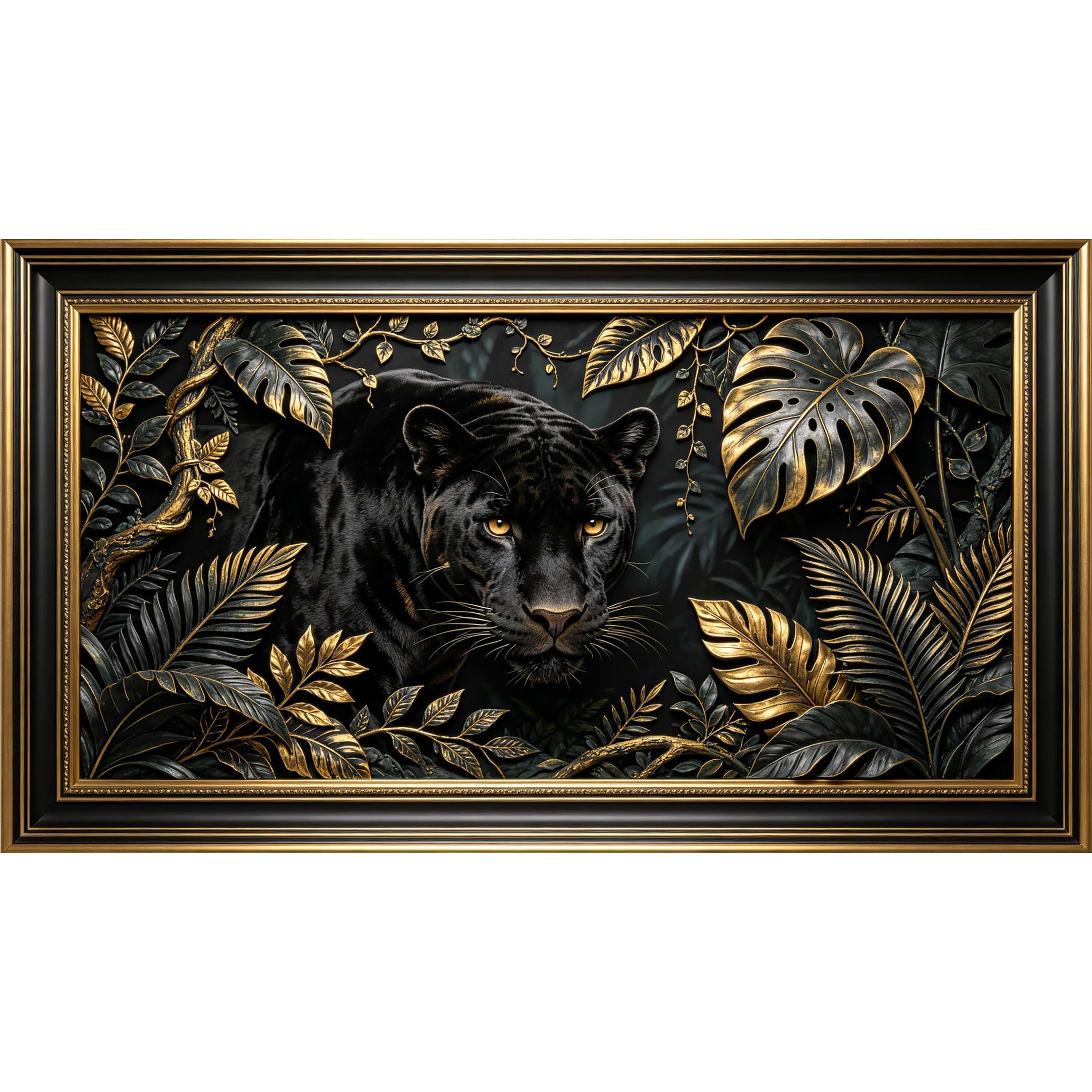 QZLITHOTIC 50x90cm3D Framed Wall Art， Black Panther Jungle Gold Leaf Tropical Self‑Adhesive Mural， Water‑Activated Peel & Stick Fabric Decor Wall Decal for Bedroom Living Room