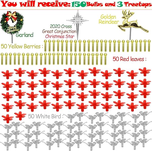 Miniatura 4 de 153 luces de Pascua para árbol de Navidad de cerámica de repuesto, 50 bombillas de flores rojas, 50 clavijas de árbol de bayas amarillas de plástico