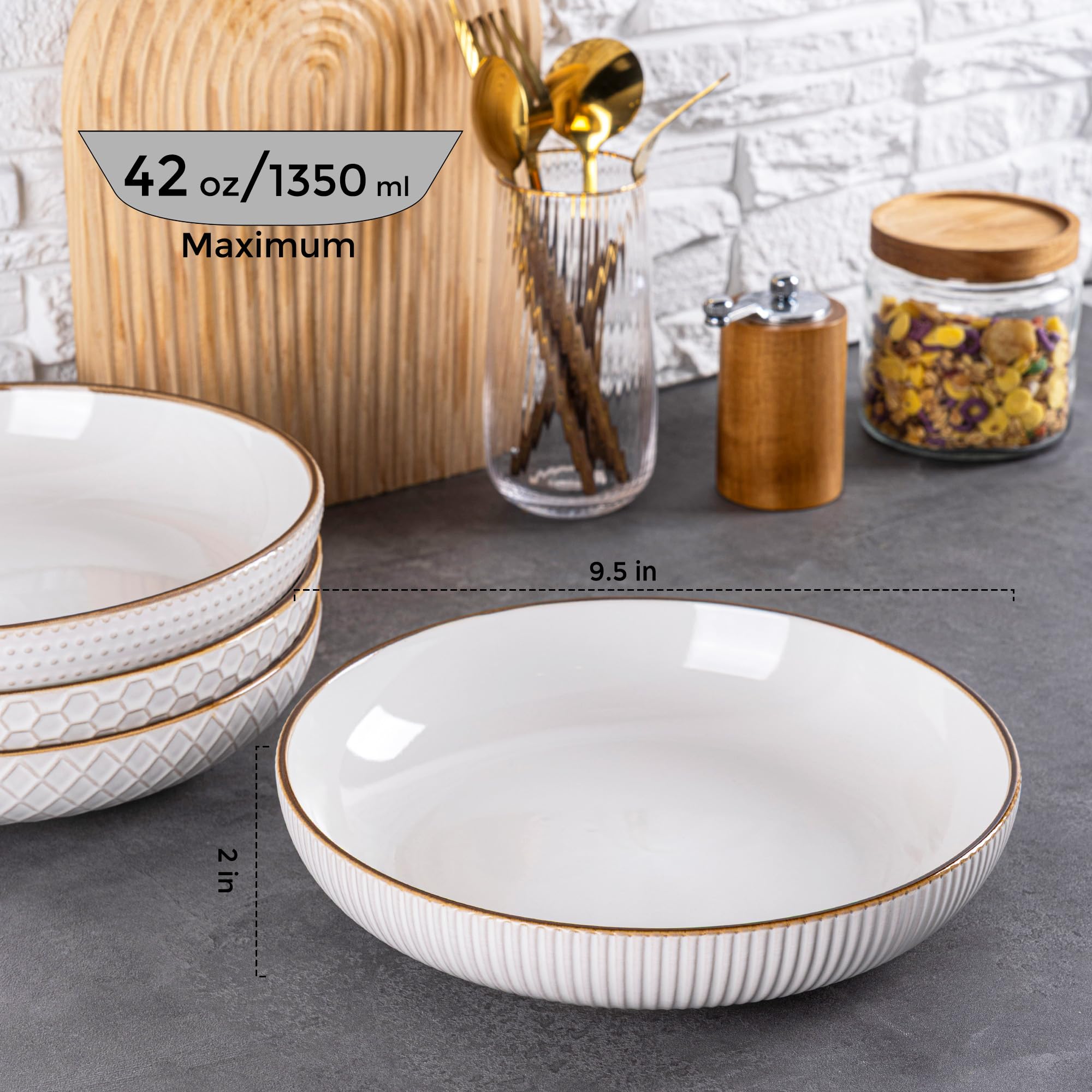 GBhome Steinzeug 4er-Set 1350 ml(42oz) große Nudelschalen, Salatschüsseln mit Strukturmuster für Küche, Pasta, Obst, Eintöpfe, Nudeln, Einweihungsgeschenk, spülmaschinenfest und stapelbar