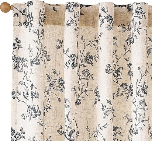 Lazzzy Cortinas florales de lino estilo granja con pestaña trasera para sala de estar y dormitorio, cortinas filtrantes de luz vintage con bolsillo