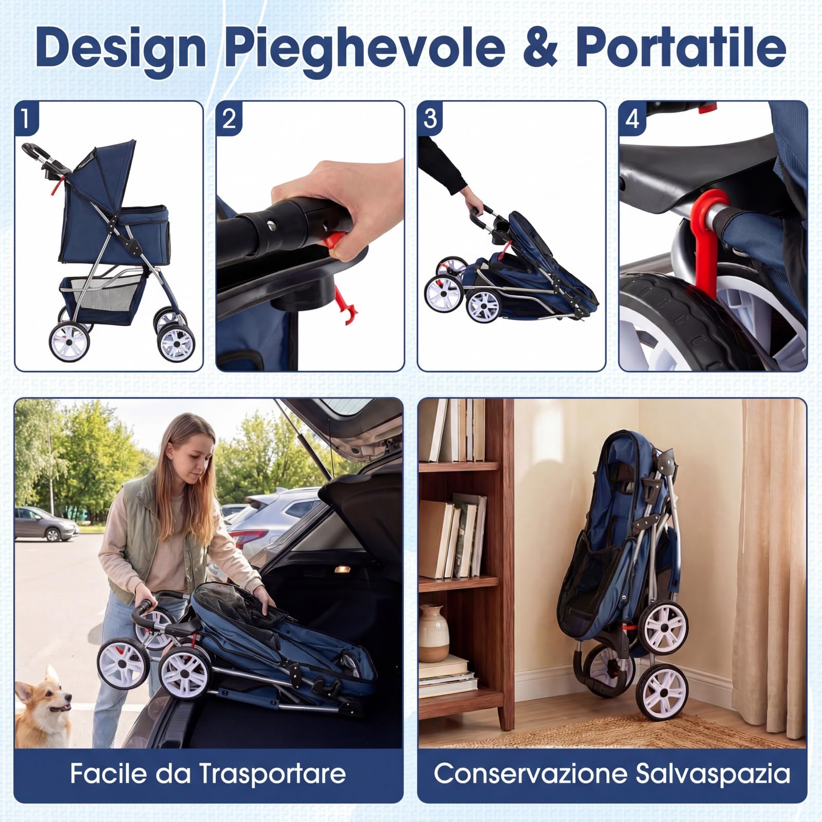 COSTWAY Passeggino per Cani Piccoli Pieghevole Facile, Carrozzina per Cani Portata Fino a 15 kg con Rete Traspirante e Copertura Impermeabile, Passeggino per Gatti per Viaggio (Blu)