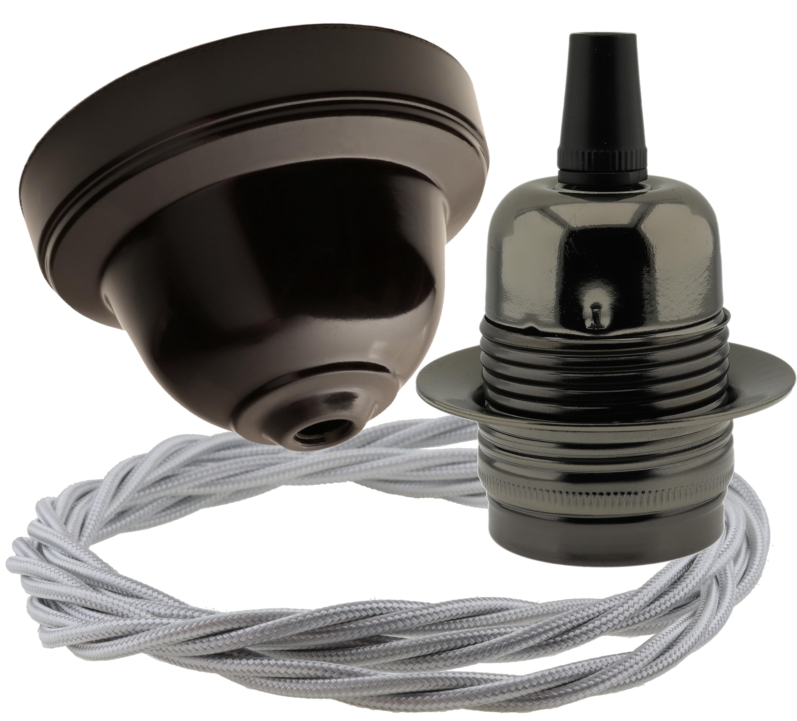 Repaireum Ltd. Vintage Styled Ceiling Pendant Kit incl. Black Bakelite Rose, Traditional E27 Lampholder in Antique Bras and 3 Core Silver Braided Twisted Flex