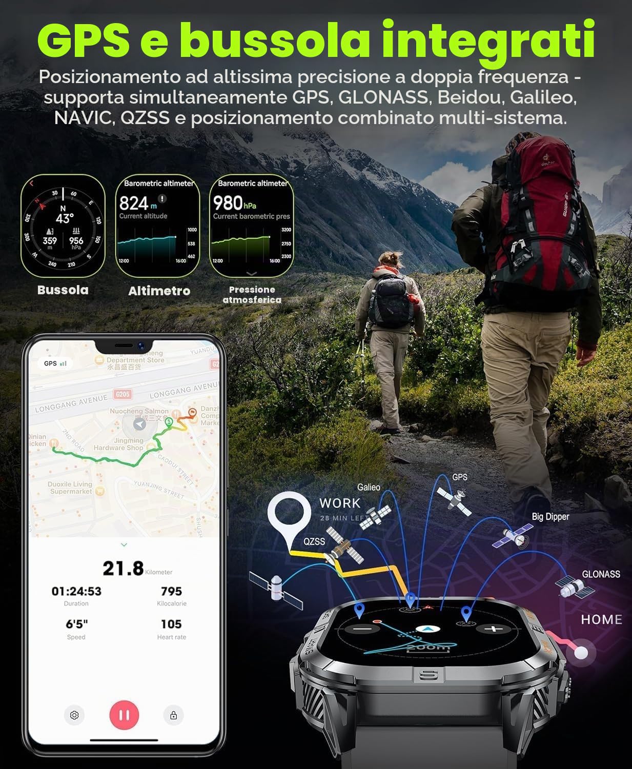 GPS Smartwatch Uomo, 2,13" AMOLED Militare Orologio con LED Torcia, Bussola,100+ Modalità Sportive, Monitoraggio della Salute, Chiamate Bluetooth per Android iOS