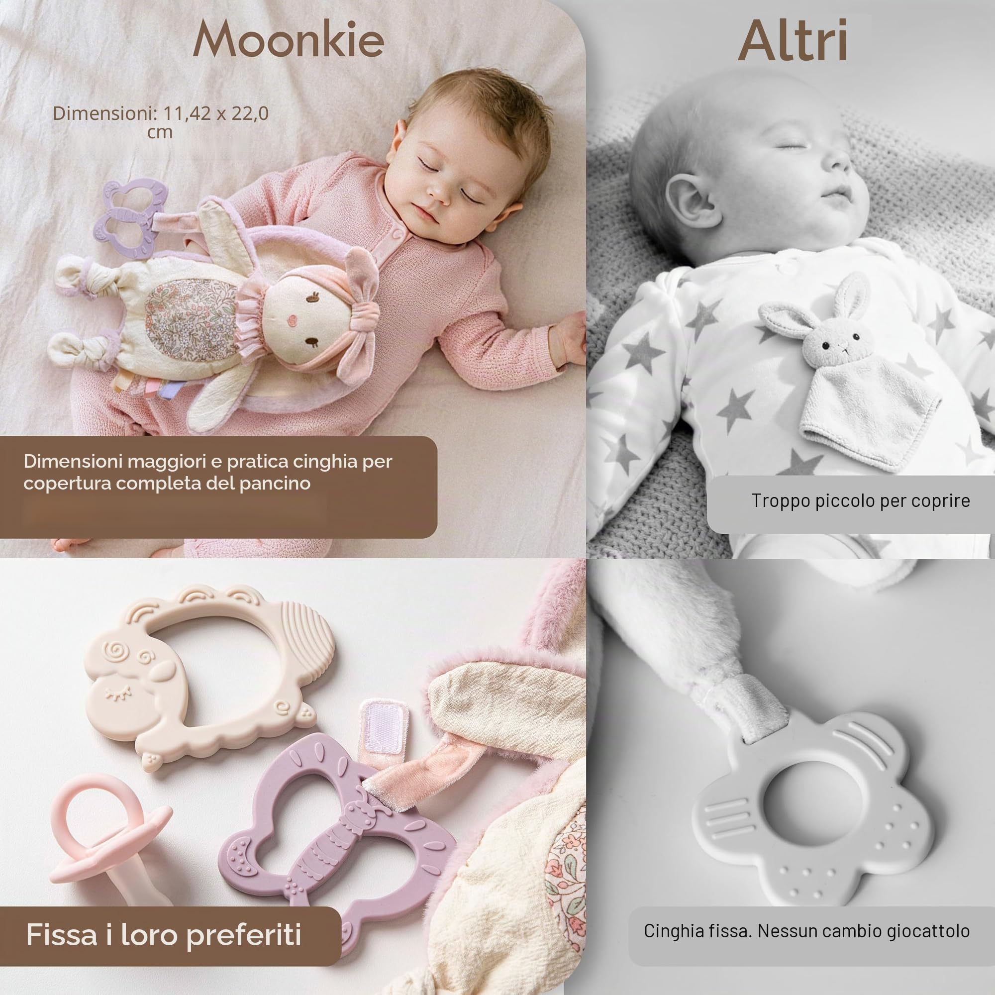 Moonkie Doudou Neonato, Peluche per bambini Coniglio, Copertina con Giochi Dentizione, Regalo Neonata Femmina per Baby Shower e Compleanni, Peluche con Nastri Testurizzati, Orecchie Fruscianti