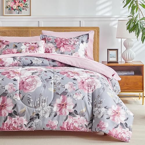 Vista 3 de Joyreap - Juego de ropa de cama tamaño individual en una bolsa, 6 piezas, juego de edredón floral de microfibra, flores rosas de tie-dye sobre gris