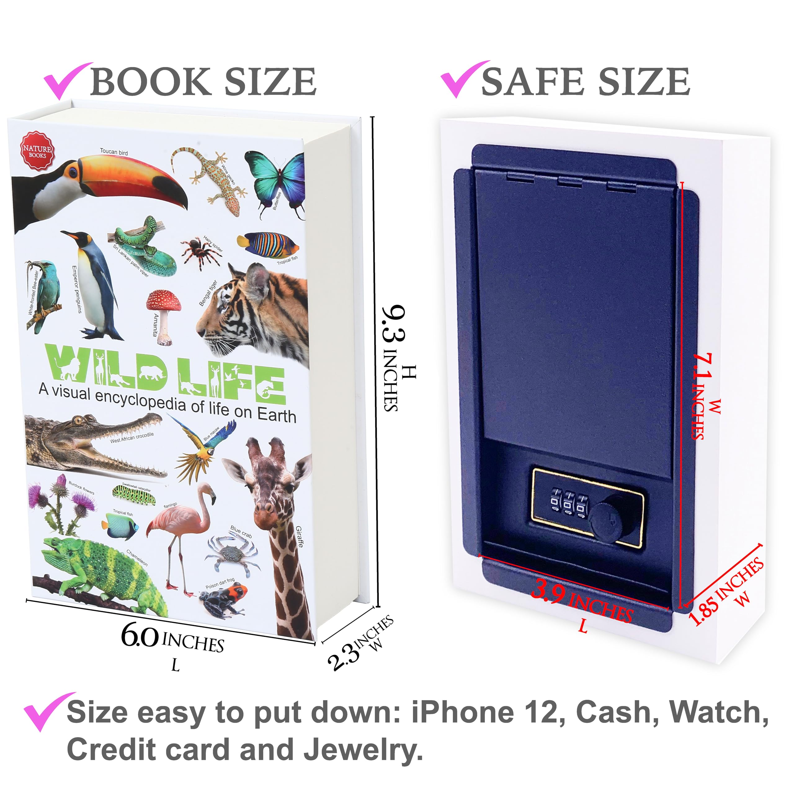 Wild Life Diversion Book Cassaforte con pagine reali, scatola di chiusura a combinazione, cassetta di sicurezza nascosta segreta con serratura a chiave, cassetta di sicurezza portatile in metallo