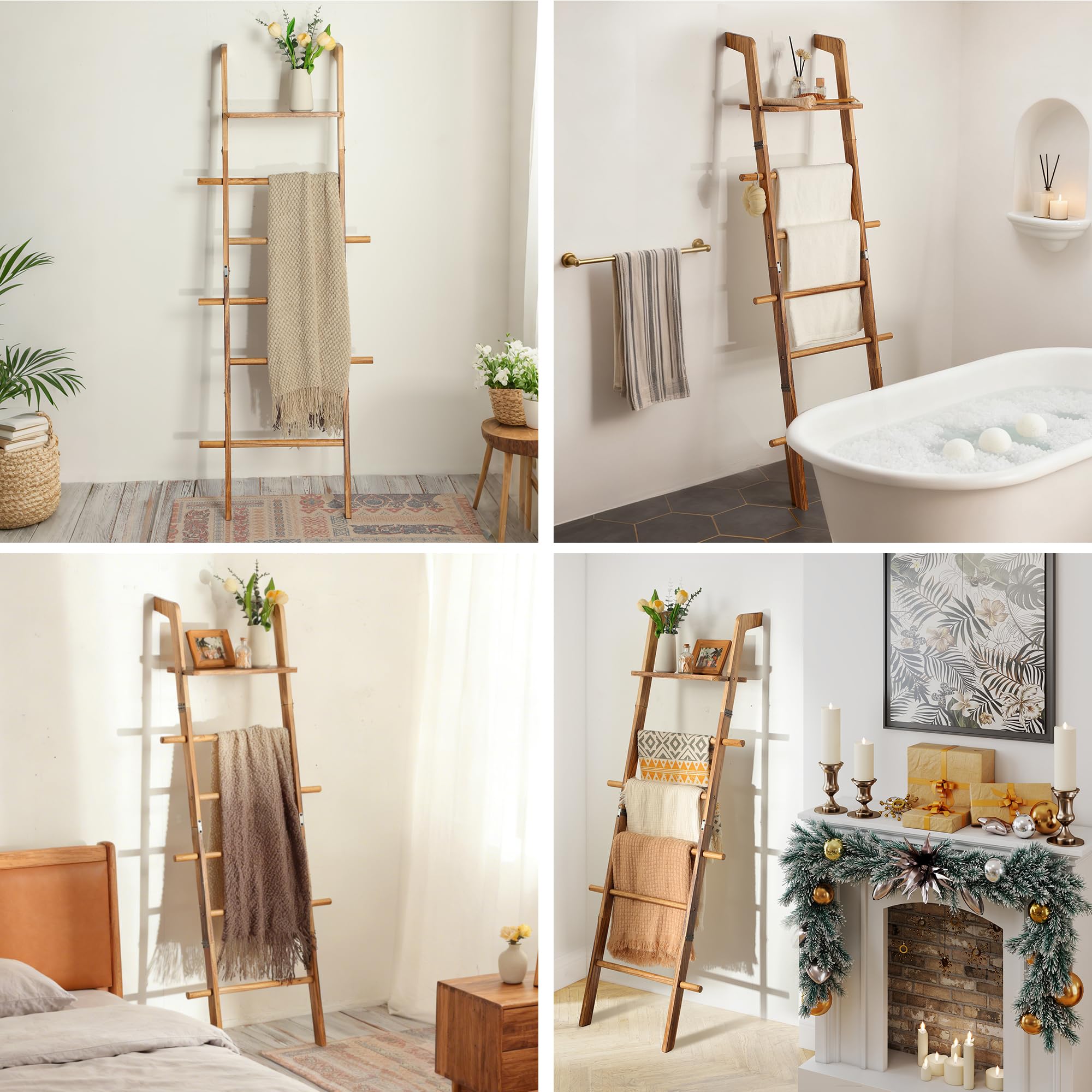 ZUNTO 5-stufige Handtuchleiter Holz mit Ablage & Haken - Vintage Handtuchhalter Leiter mit Regal für Bad, Wohnzimmer und Schlafzimmer - Deko-Leiter für Handtücher, Decken und Deko, Braun