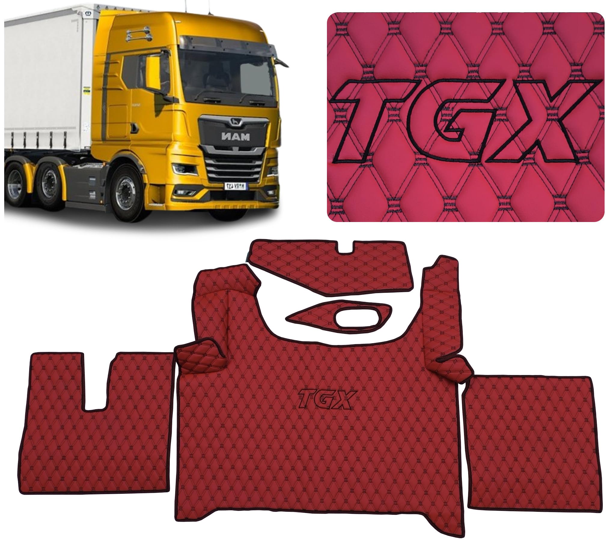 Alfombra de camión compatible con MAN TGX 2020+ alfombrilla de pie (material rojo, hilo negro)