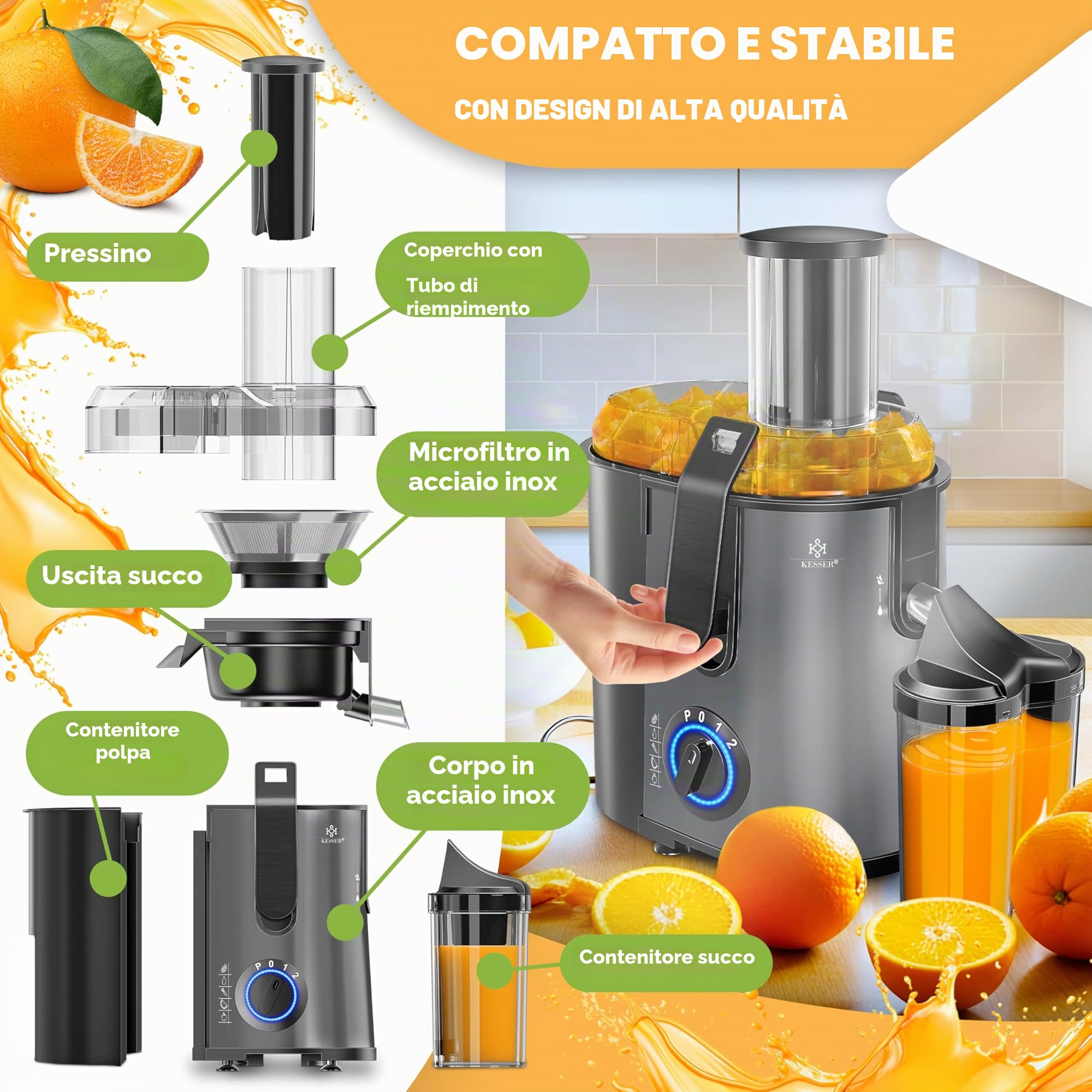 KESSER® Centrifuga estrattore di succo per frutta | verdura in acciaio inox 1100W, grande tubo di alimentazione, 3 livelli, spremiagrumi elettrico centrifugo + spazzola, contenitore per succo