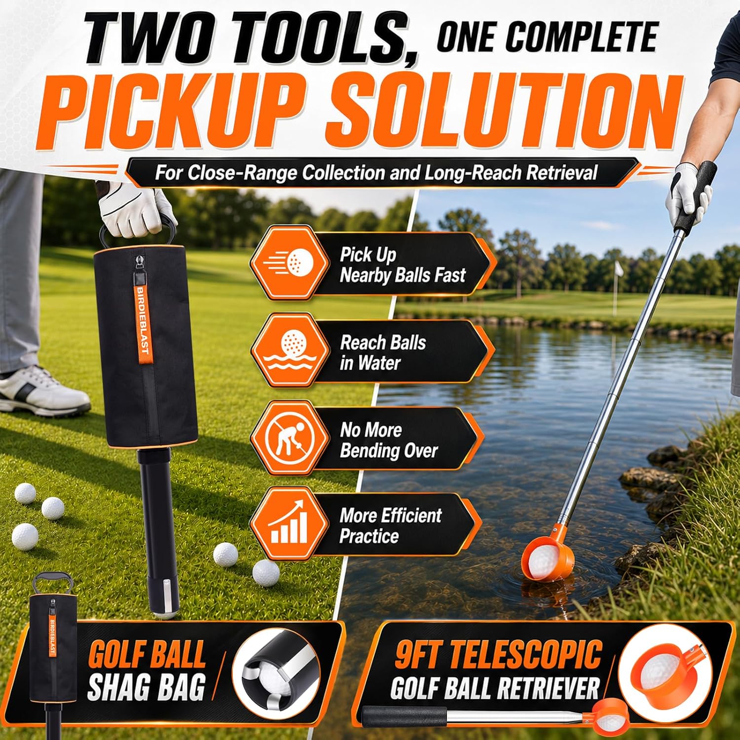9Ft Golf Ball Retriever Telescopic, Stainless Steel Golf Ball Retriever for Water, Portable Shag Bag Golf Ball Pick Up with Removable Plastic Tube, Hold up to 70 Balls