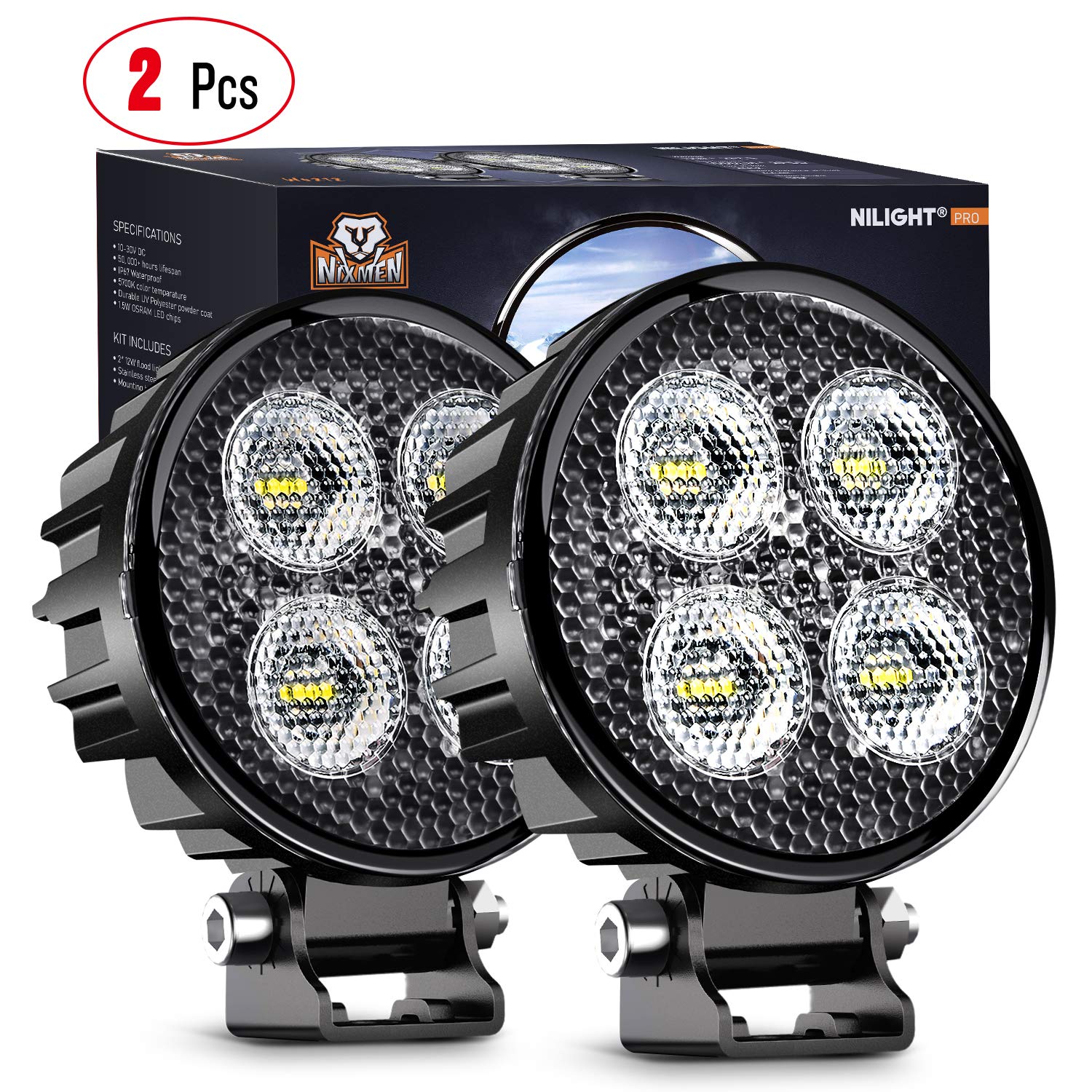 Nilight2PCS 3Inch Led Pods Round 1500LM Built-in EMC Work Light 90° Flood Beam Angle for Offroad Lights Side Light Rear Back-Up Light for Tractor Truck Motorcycle Boat ATV UTV, 5 Years Warranty