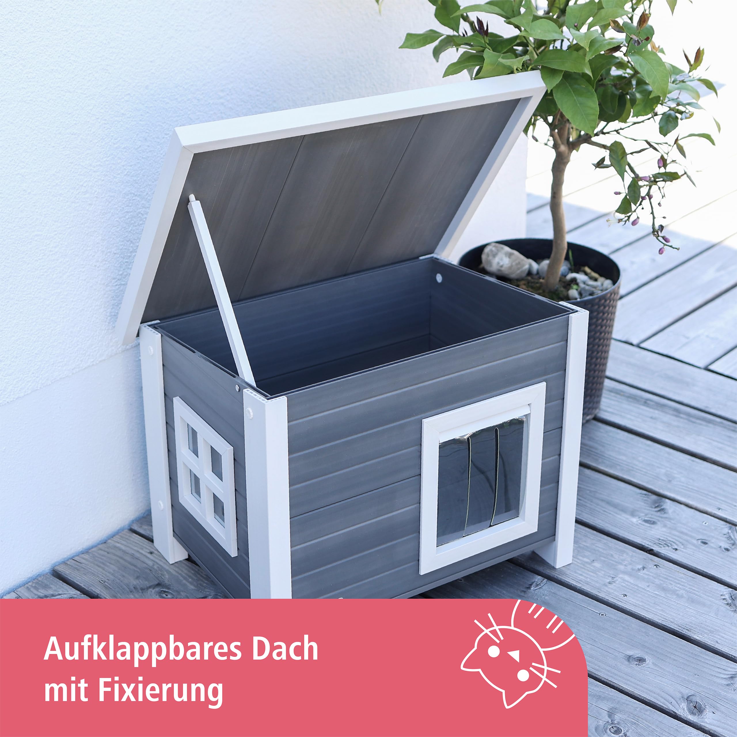 Kerbl Pet Katzenhaus Eli | Grau/Weiß, 57 × 45 × 43 cm, wetterfestes Haus aus recyceltem Kunststoff und Holz, einfach zu montieren