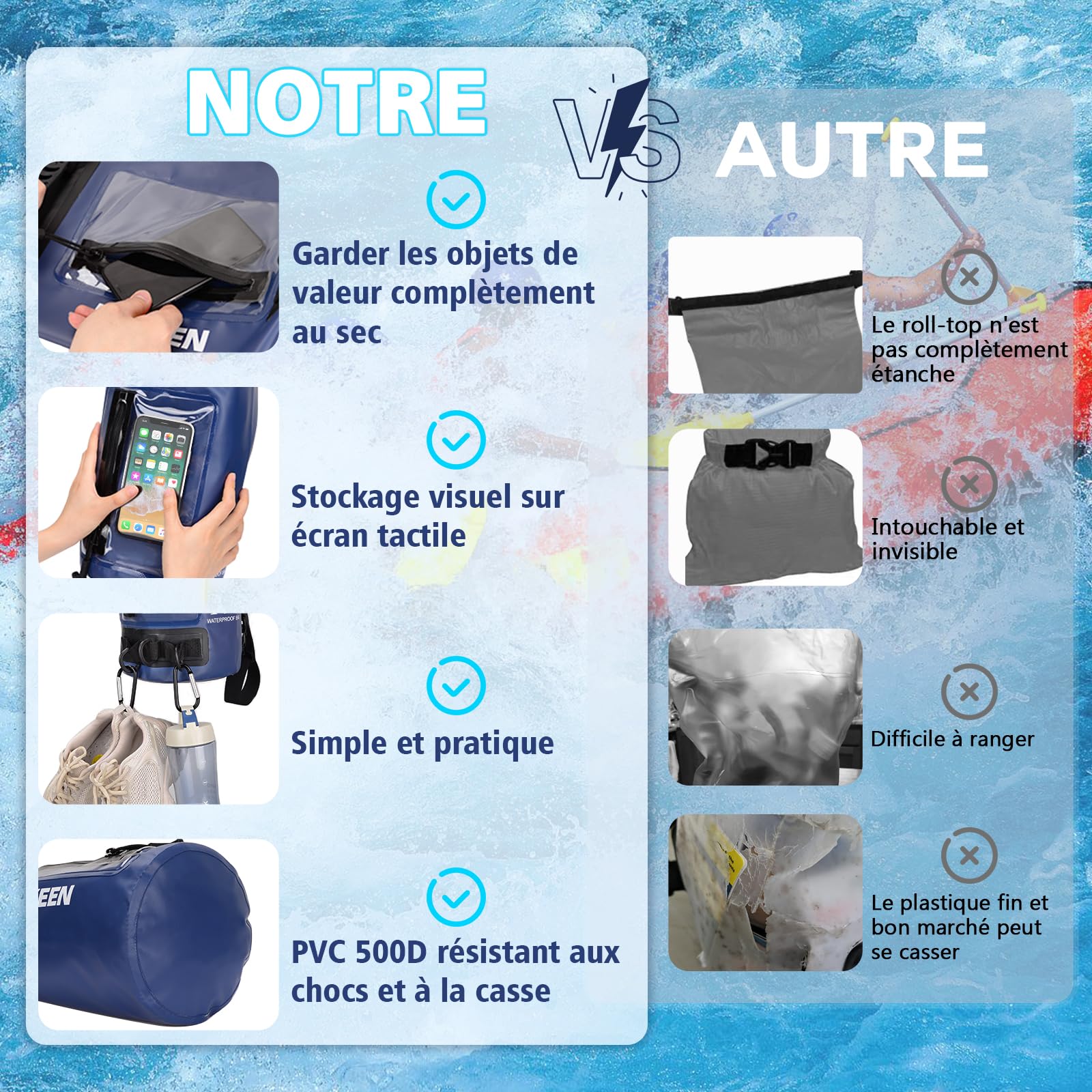 BOOSTEADY 5L/10L/20L Sac Sec Étanche Léger IPX7, Sac Impermeable Étui de Téléphone pour Écran Tactile Zippé avec Anneaux en D & Sangle Réglable, Dry Bag Waterproof Bag pour Plage Kayak Bateau-20L