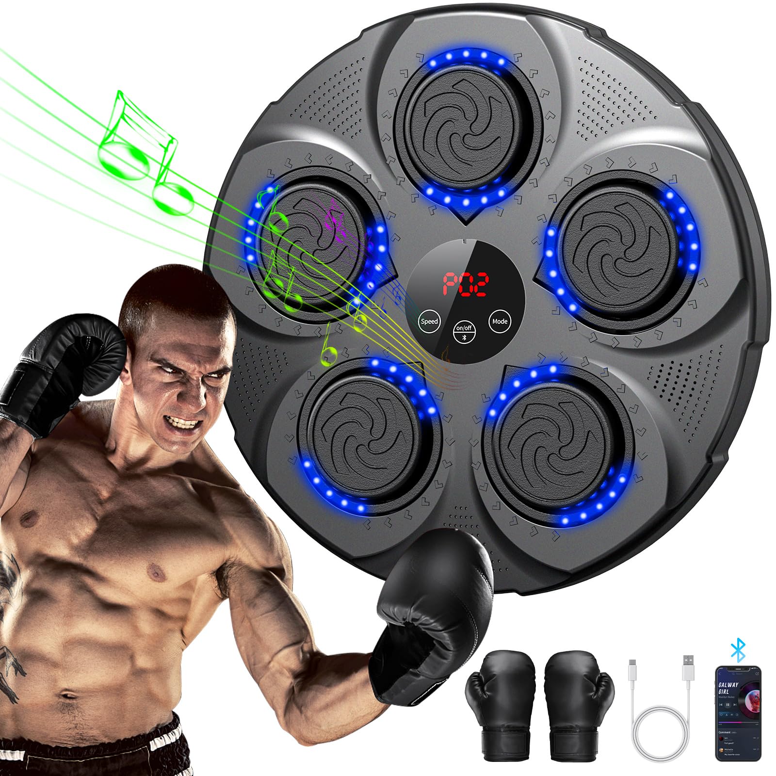 ADSAQOP Boxing Machine with Music, Plus Size Wall Mounted Professional LED Bluetooth Intelligent Electronic Music Box Training Device for Children and Adults for Home, Indoor and Gym black