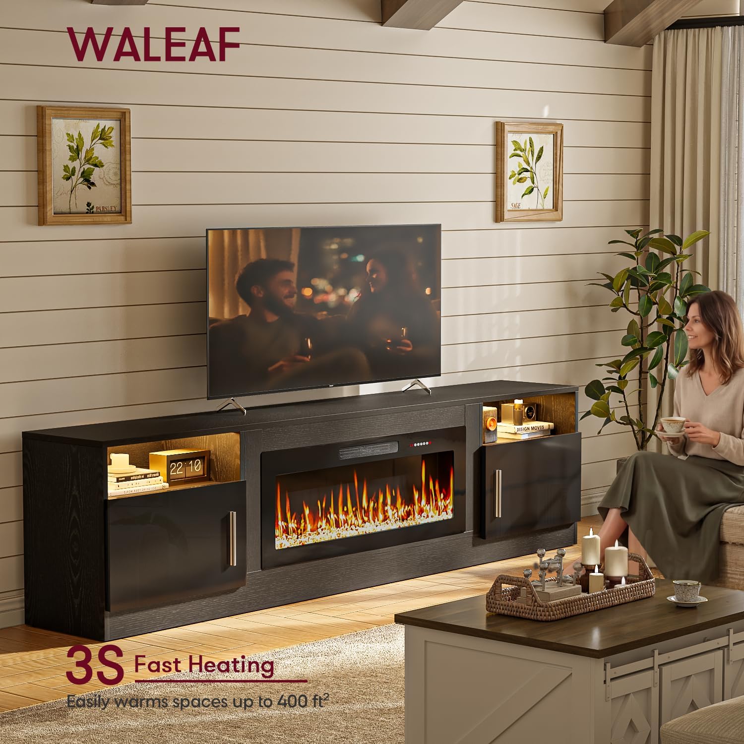 Waleaf 80" Fireplace TV Stand with 36” Electric Fireplace,20 Colors LED Lights Entertainment Center for Living Room,Large High Gloss TV Console Cabinet for Televisions up to 80+ Inch (BLK, 80")